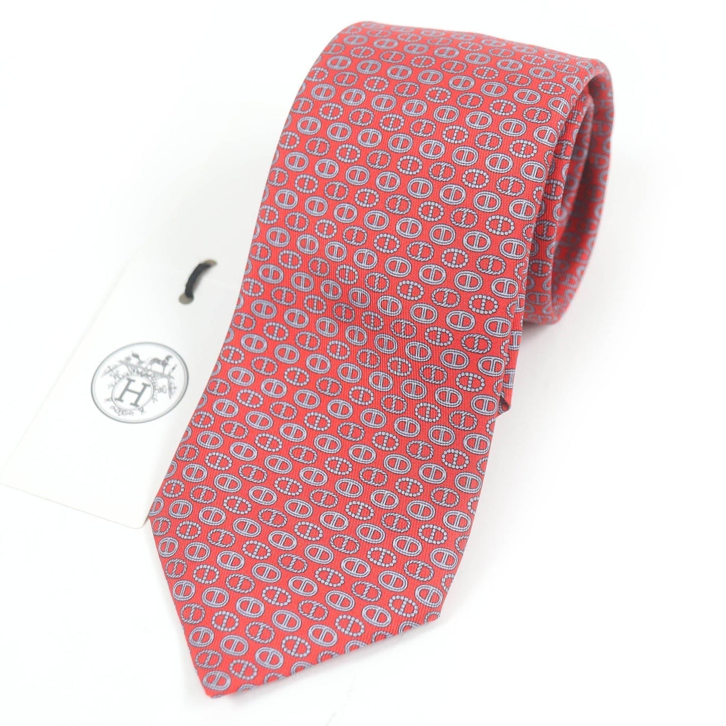 HERMES tie Main: 100% silk Rouge Gris mens d