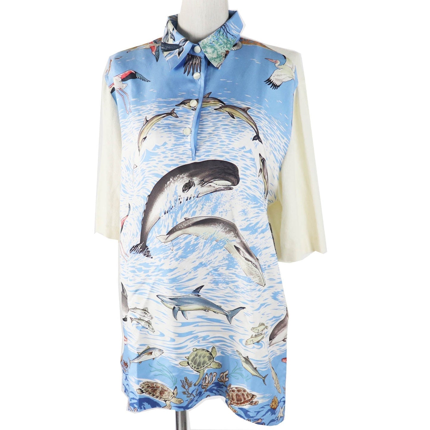 HERMES Short sleeve polo shirt Main: 100% silk, Main: 85% cotton, Main: 15% cashmere Light blue white The Precious Life of the Mediterranean Women M d