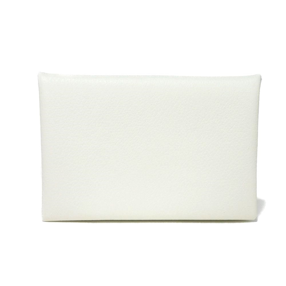 HERMES Card Case Evercolor Nata White Ivory Snap Button Bifold Wallet Business Card Holder Pass Case Good Condition Calvi unisex(Unisex) d