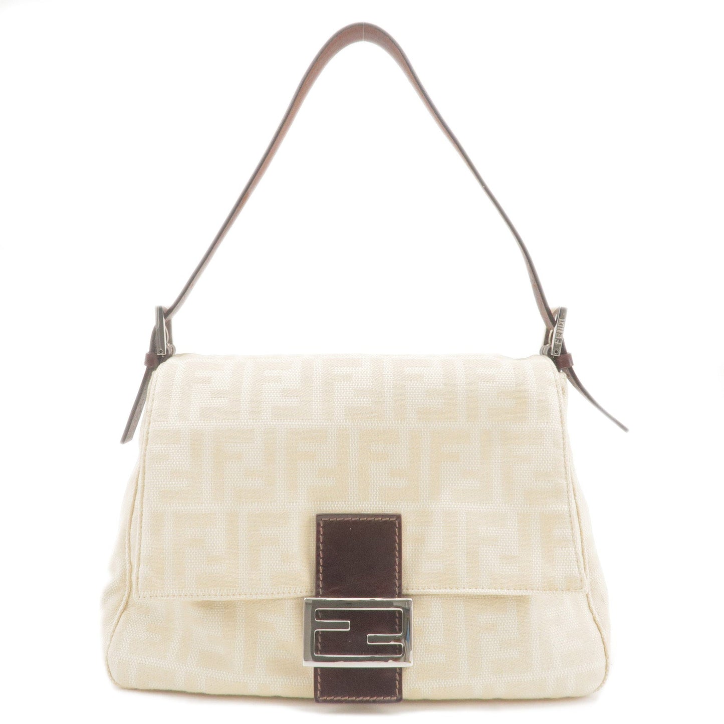 FENDI Zucca Mamma Baguette Canvas Leather Shoulder Bag Beige 26325