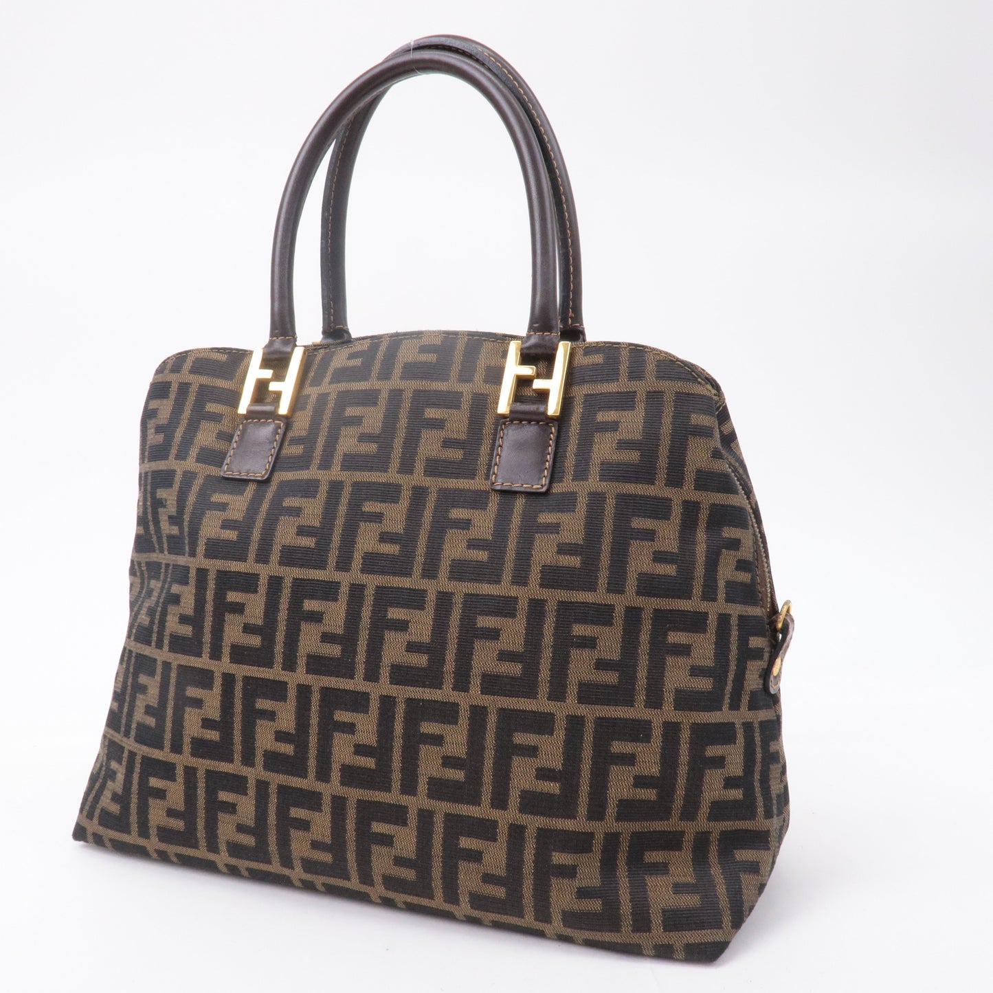 FENDI Zucca Canvas Leather Hand Bag Brown Black 14968