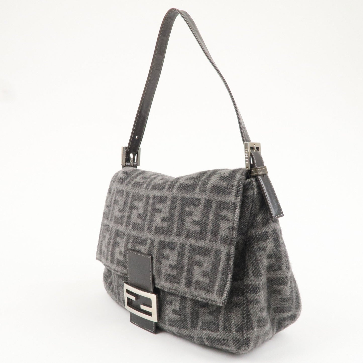 FENDI Zucca Mamma Baguette Wool Leather Shoulder Bag Gray 26325
