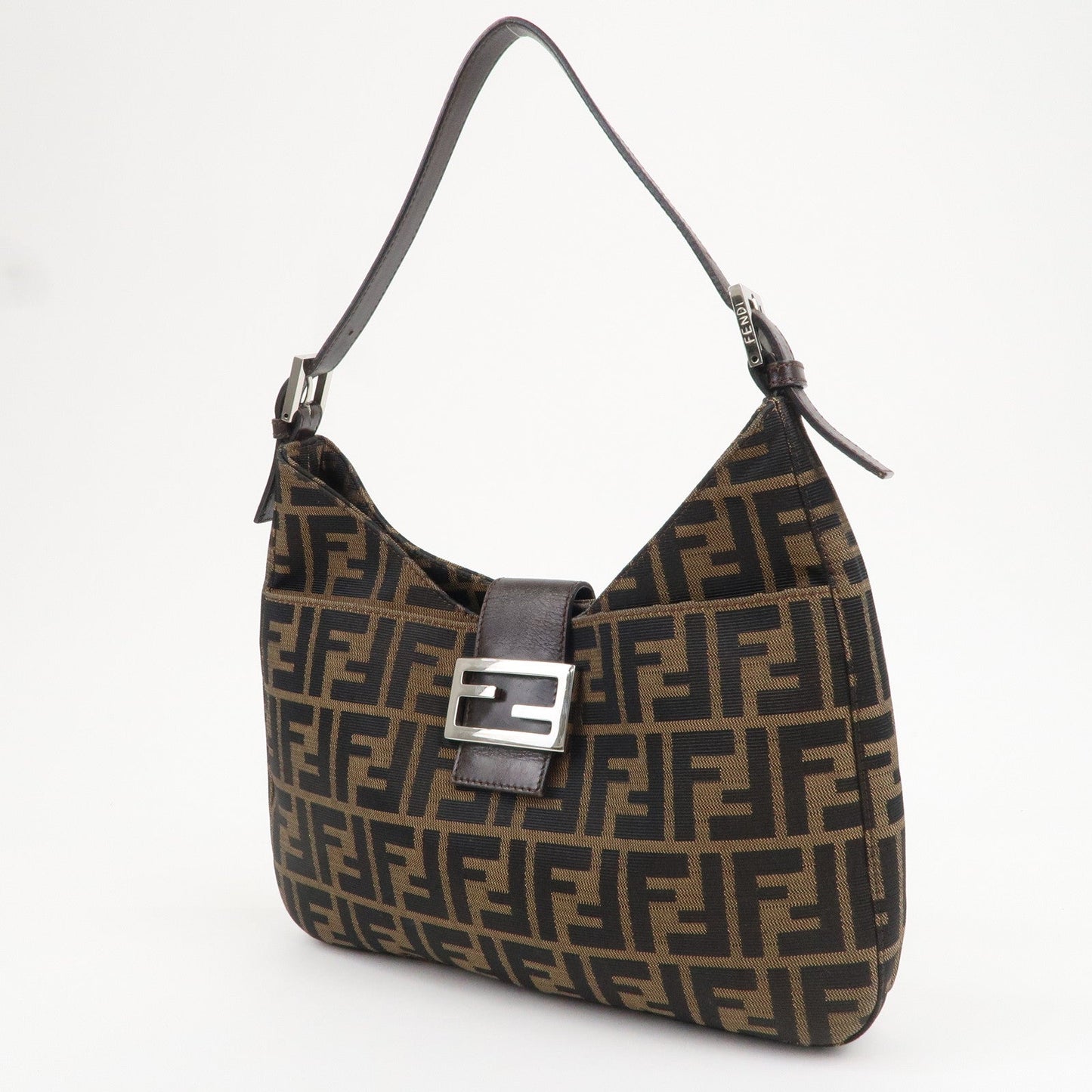FENDI Zucca Canvas Leather Shoulder Bag Brown Black 26569