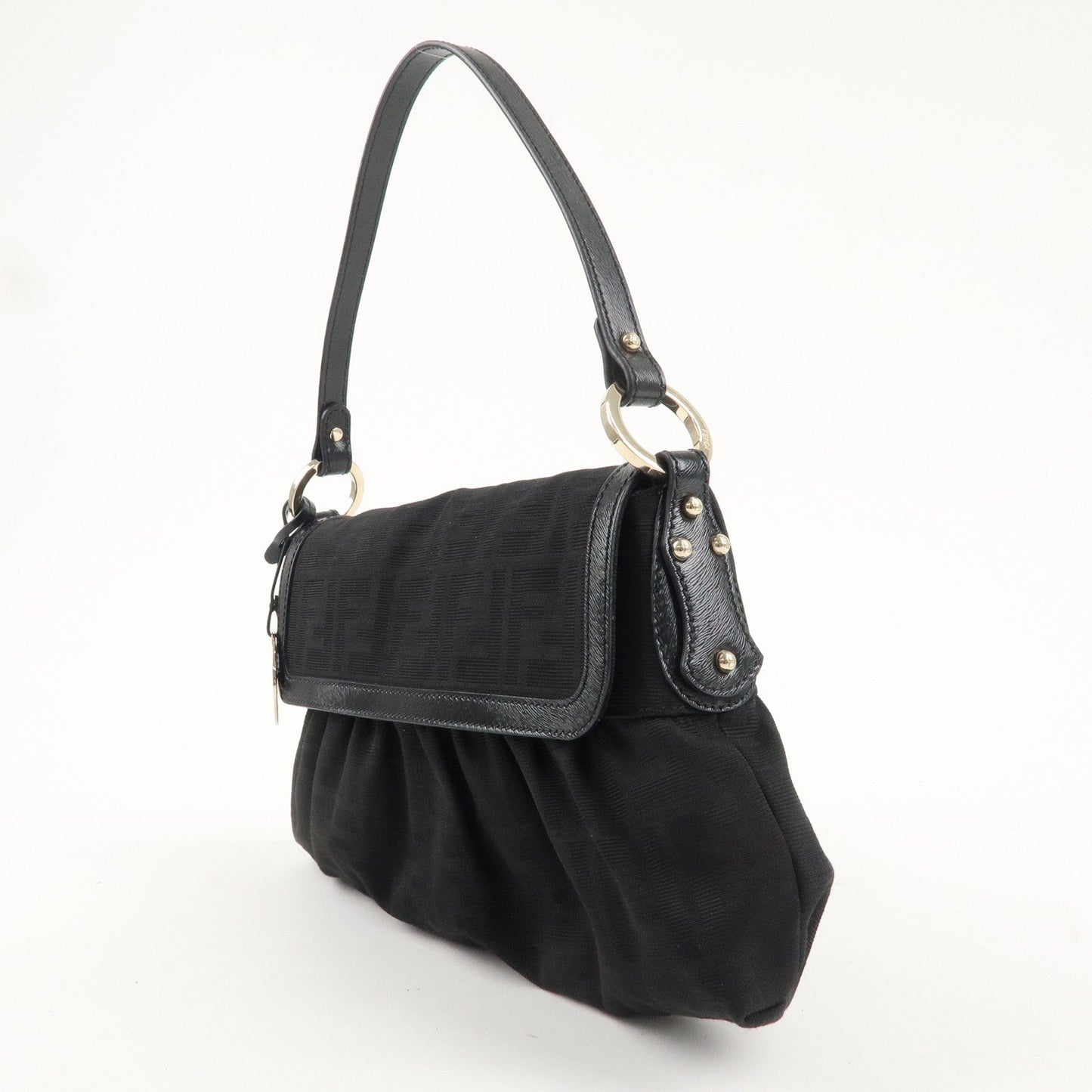 FENDI Zucca Canvas Leather Hand Bag Shoulder Bag Black 8BR445