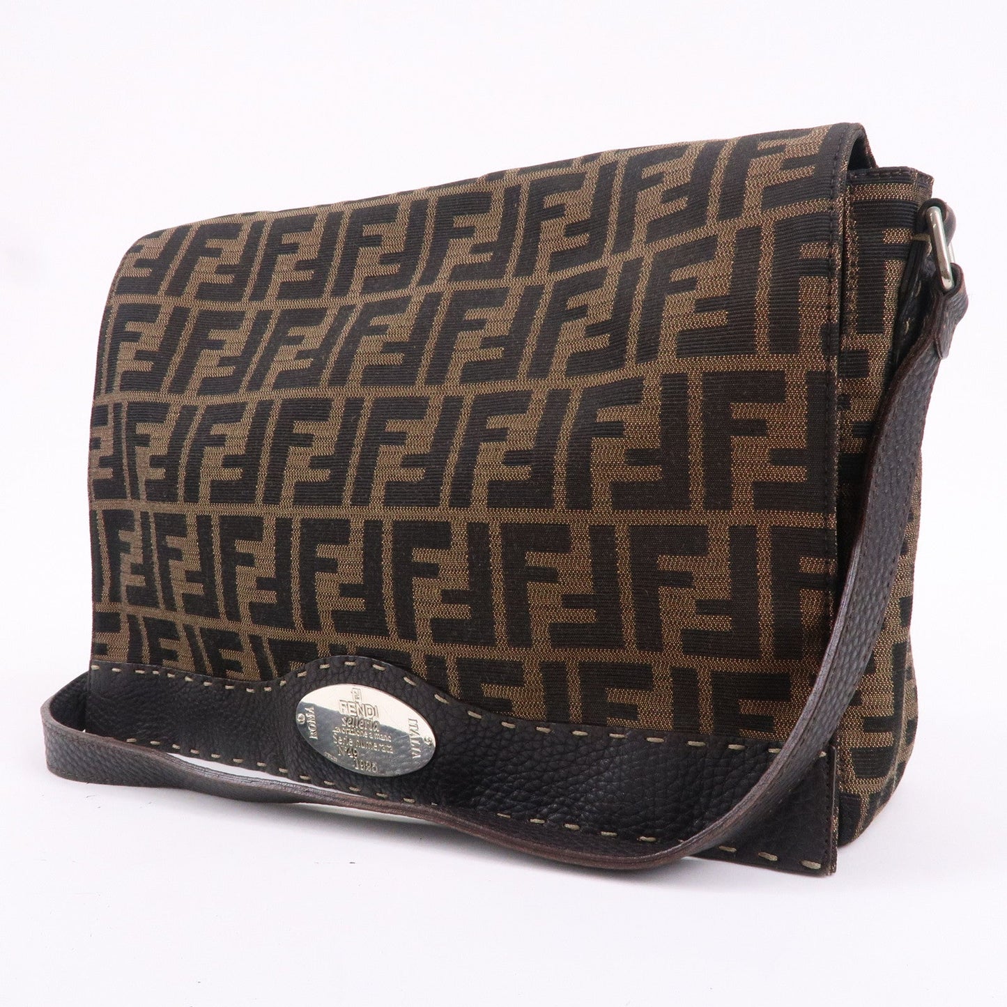 FENDI Zucca Selleria Canvas Leather Shoulder Bag Brown 8BT116