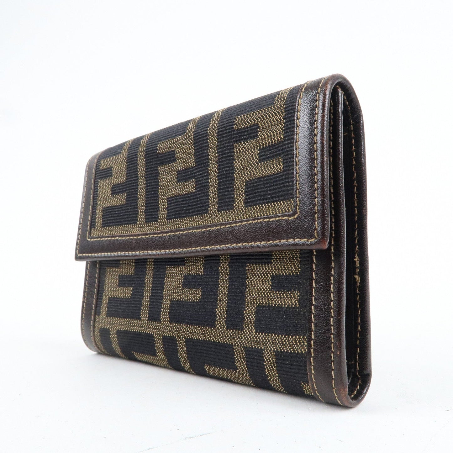 FENDI Zucca Canvas Leather Tri-fold Wallet Brown Black 30729