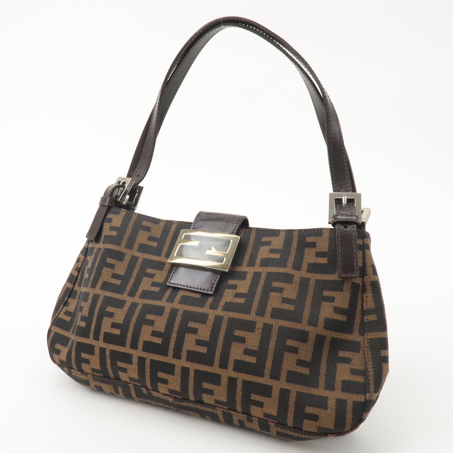 FENDI Zucca Canvas Leather Shoulder Bag Brown Black 26583