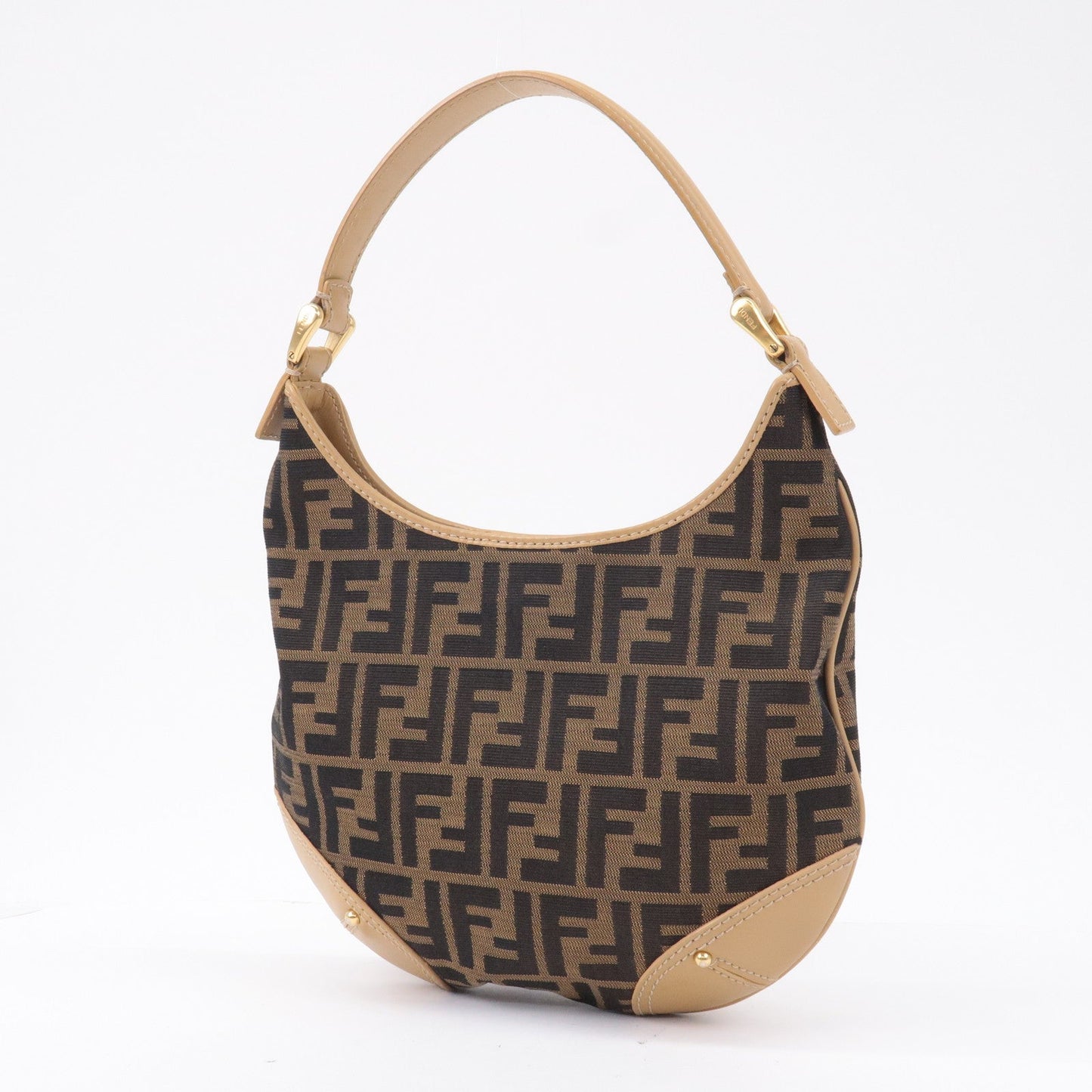 FENDI Zucca Canvas Leather Shoulder Bag Brown Beige 8BR234