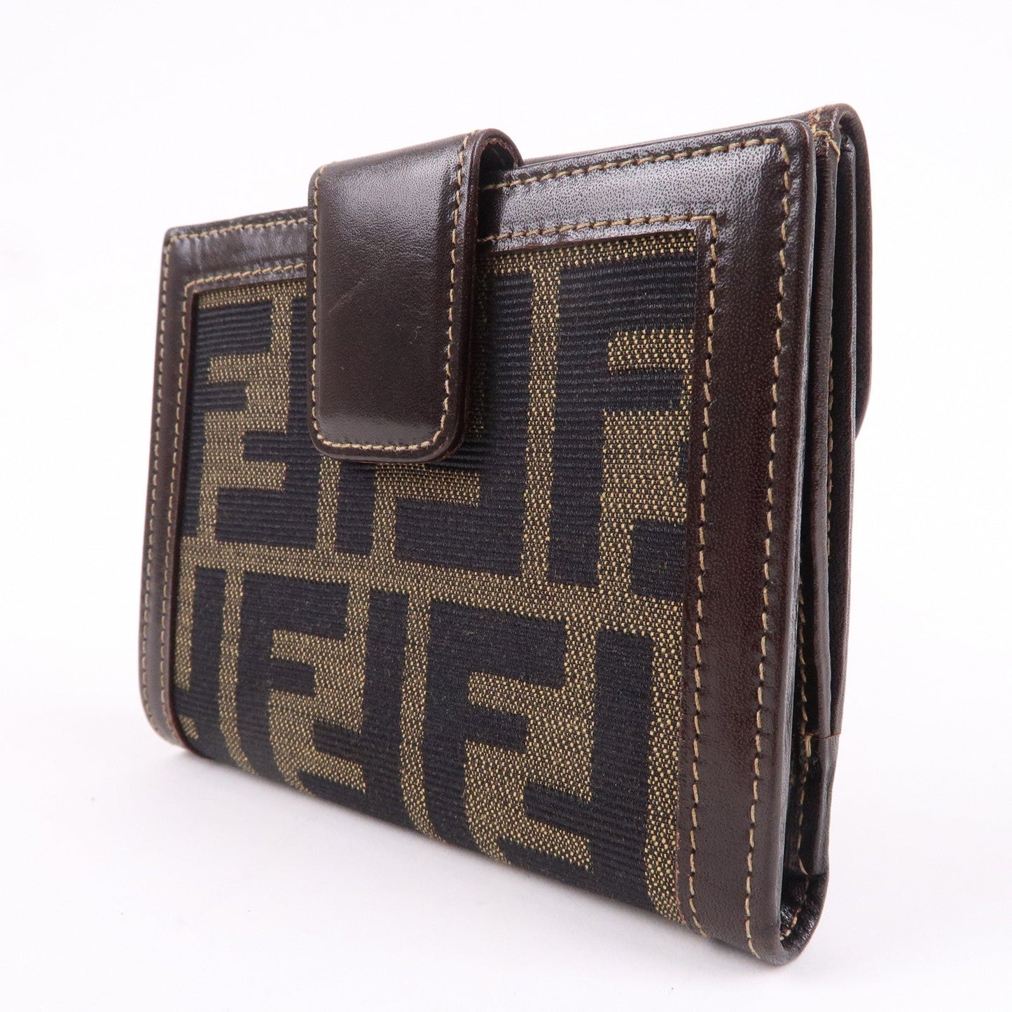 FENDI Zucca Canvas Leather Double Hook Wallet Brown Black 12671