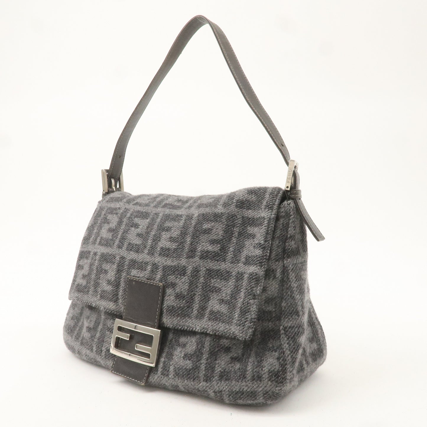 FENDI Zucca Mamma Baguette Wool Leather Shoulder Bag Gray 26325