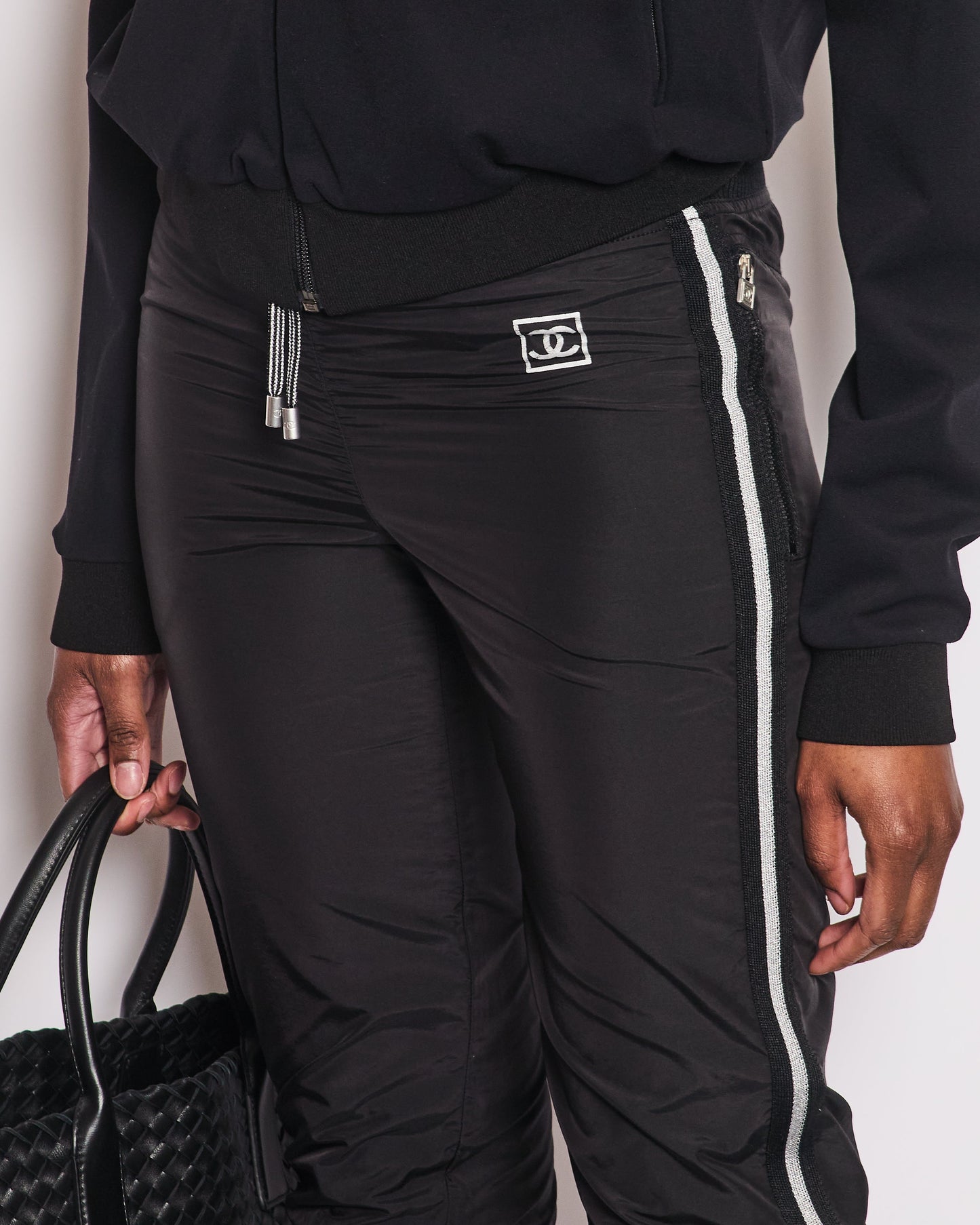 Chanel Black Nylon 3/4 Length Tro rs with Cuffed Leg Details and Silver Side Trims Size FR 34 (UK 6)