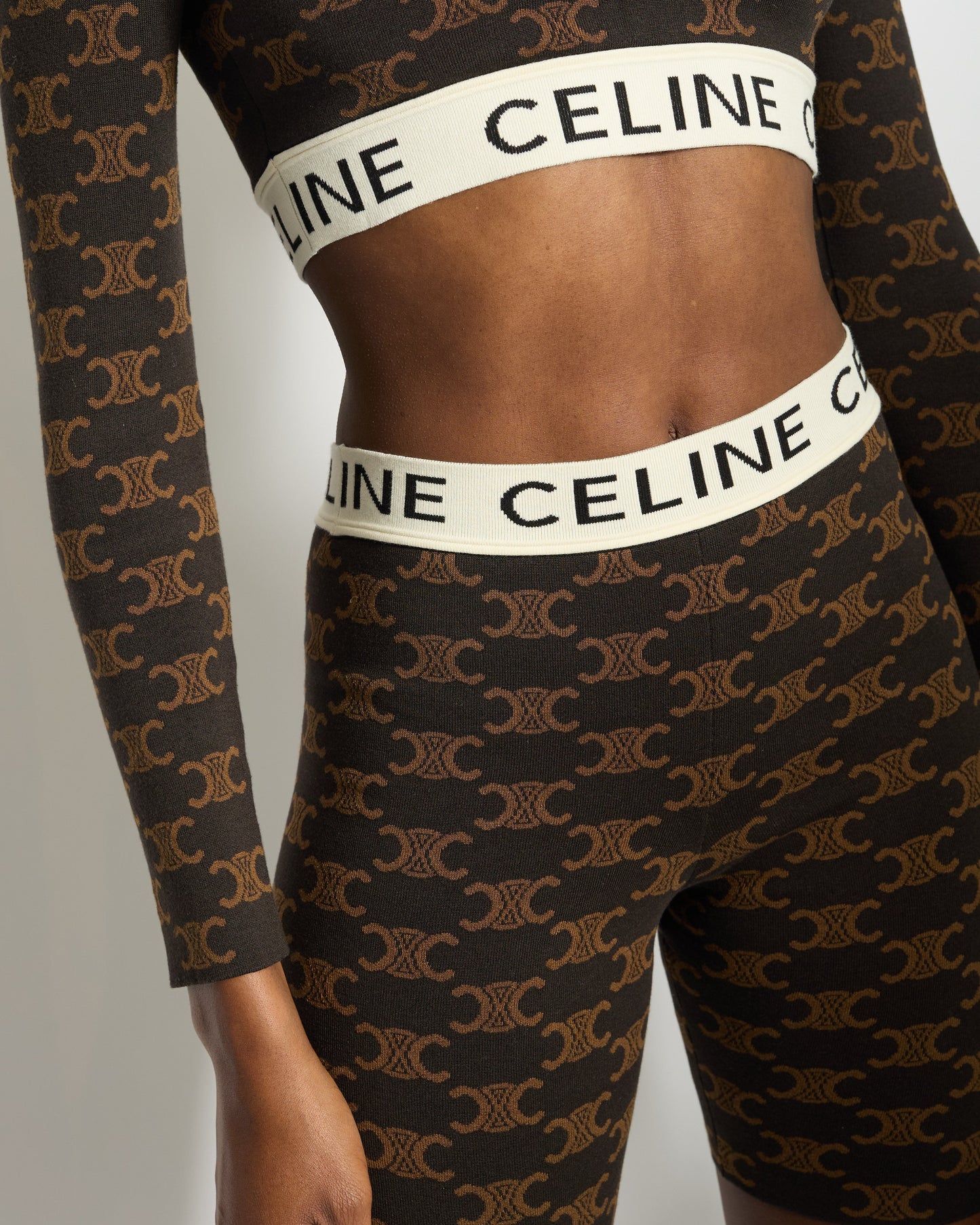CŽline Brown Triomphe Monogram Crop Top and Shorts Set with Logo Waistband Details Size XS (UK 6)