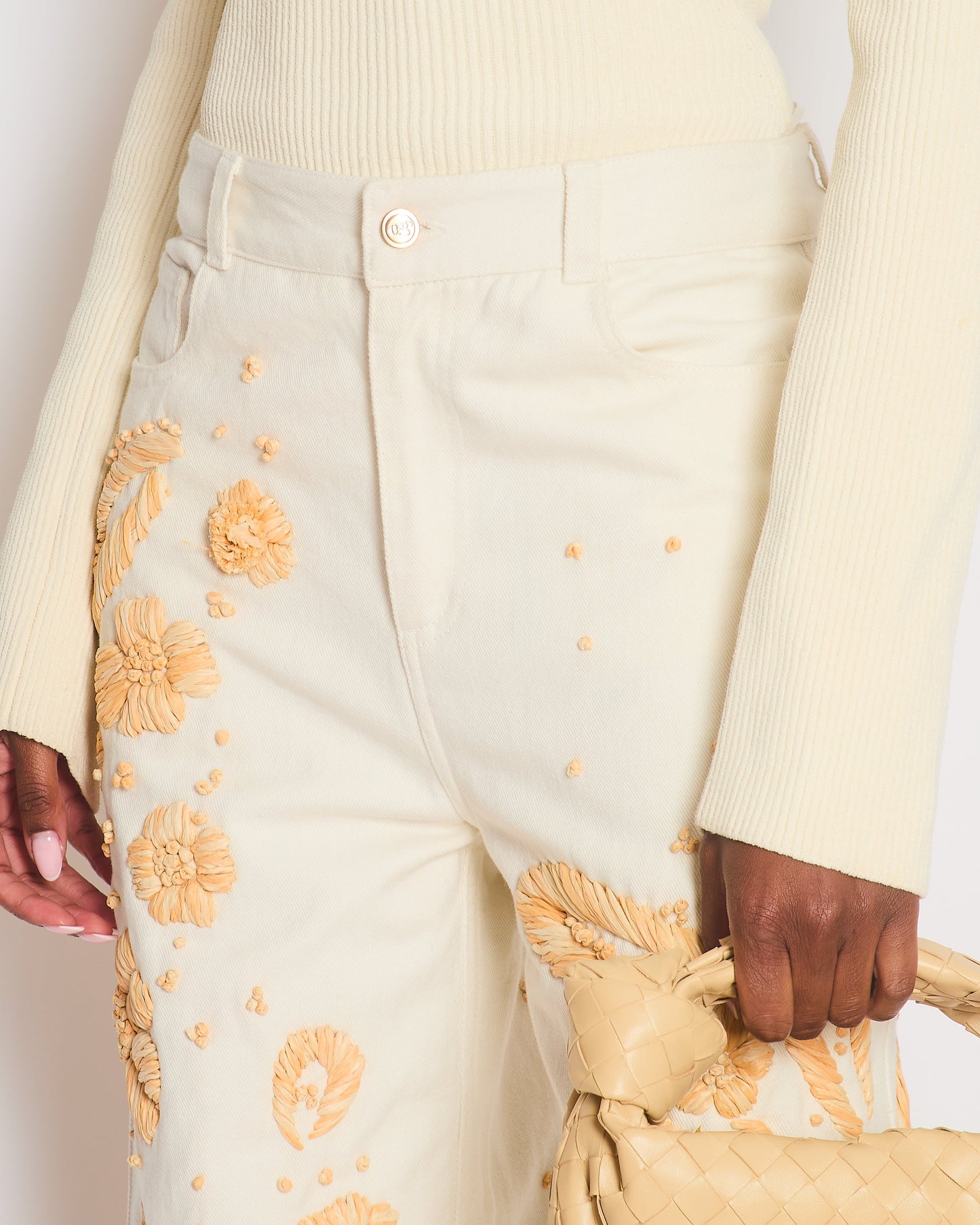 Cult Gaia White Jarli Raffia AppliquŽ High Rise Wide Leg Jeans Size 29