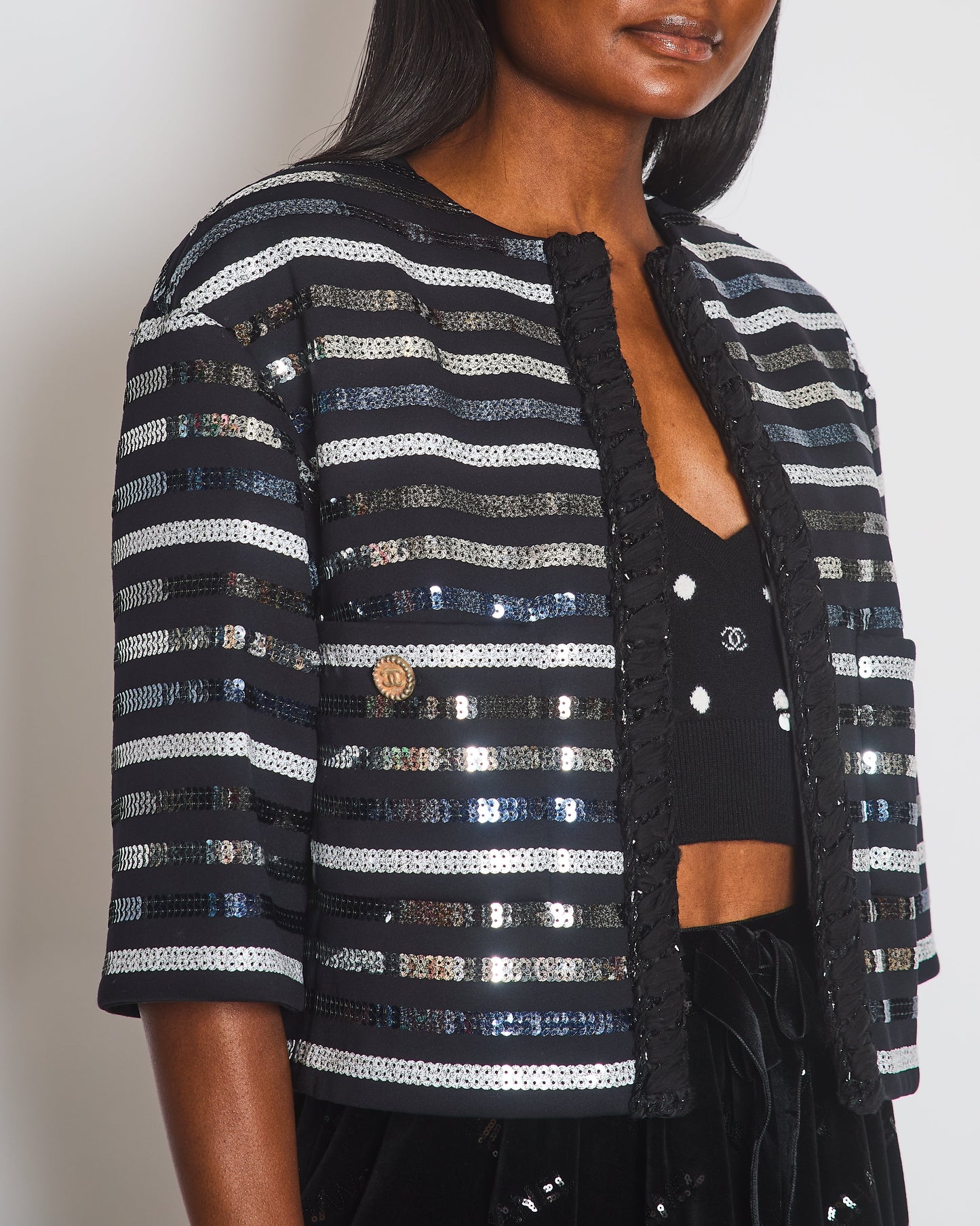 Chanel 2022 Black Cropped Sleeve CC Sequin Jacket with Braided Edge Size FR 38 (UK 10)