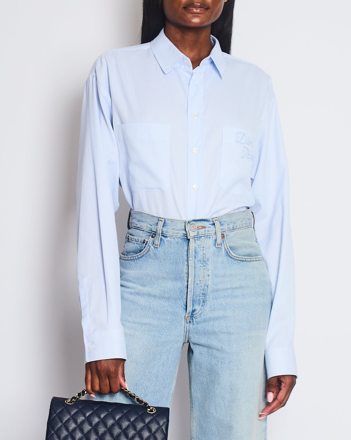 Christian Dior Menswear Blue and White Pin Stripe Button Down Shirt with Pockets and Dior Tears Embroidery Size EU 40 (UK 38)