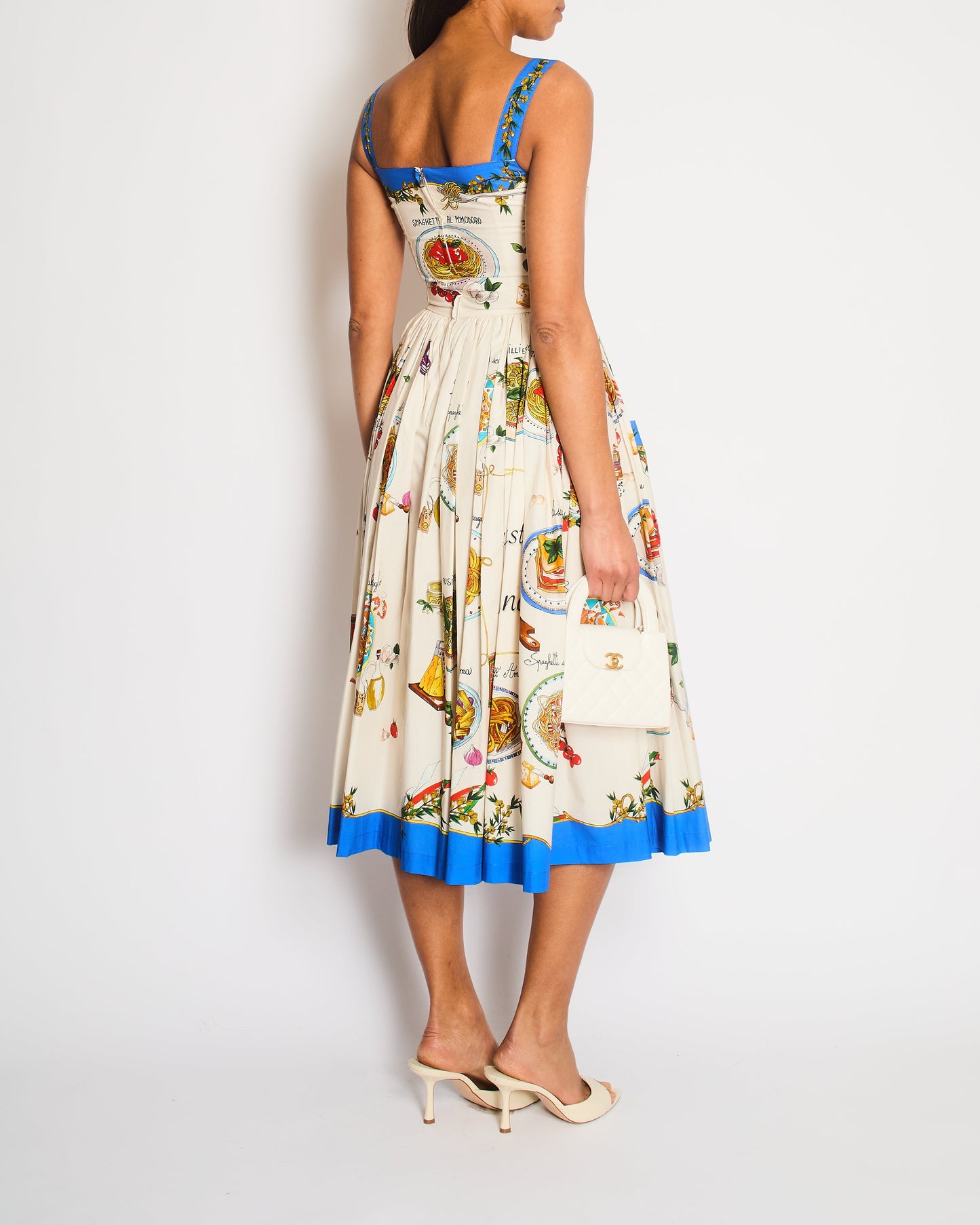 Dolce Gabbana Pasta Print White & Blue Midi Dress Size IT 38 (UK 6)