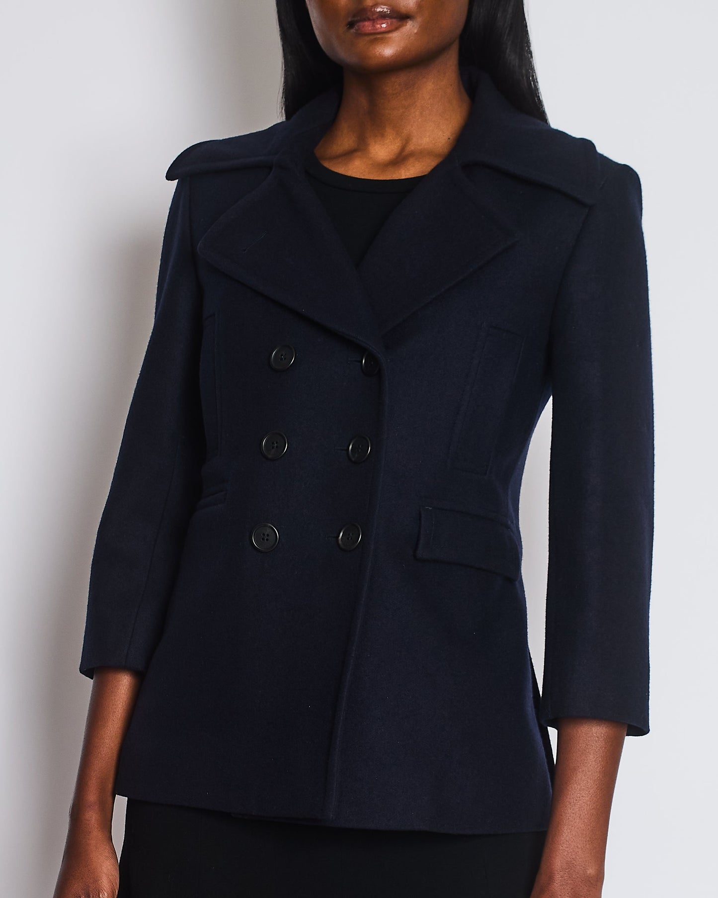 Celine Navy Double Breasted Wool Coat with Lapel Detail Size FR 36 (UK 8)