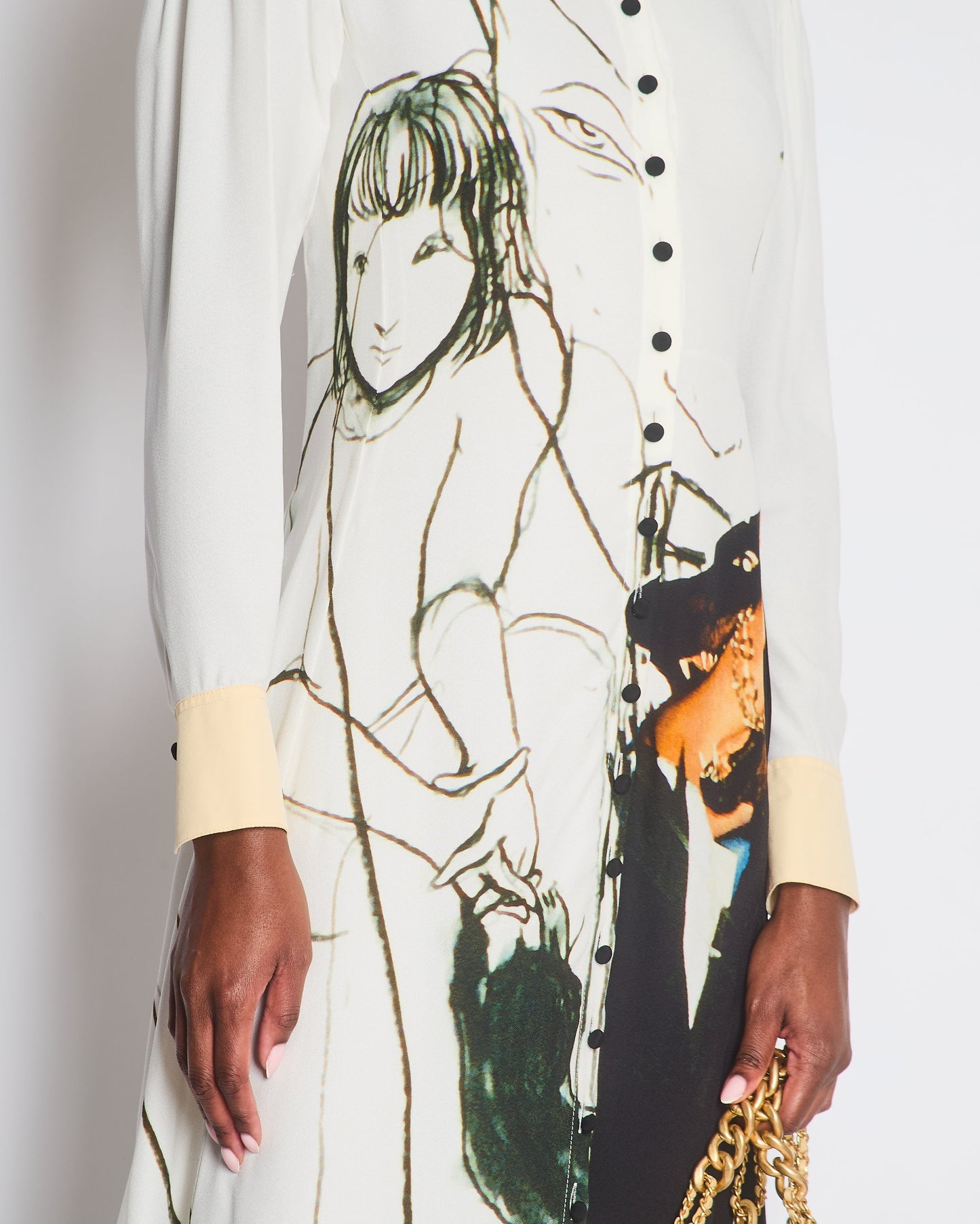 Chloe White, Cream and Black Printed Maxi Dress with Mesh Insert and Embellished Collar Size FR 34 (UK 6)