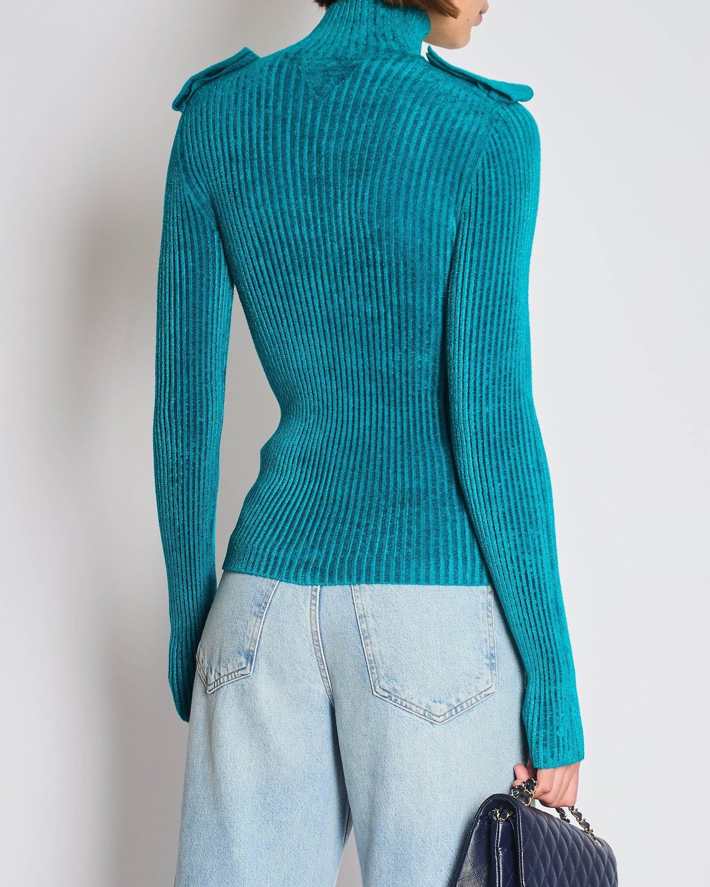 Bottega Veneta Teal Ribbed Long Sleeve High Neck Jumper with Cut Out Detail Size S (UK 6/8)