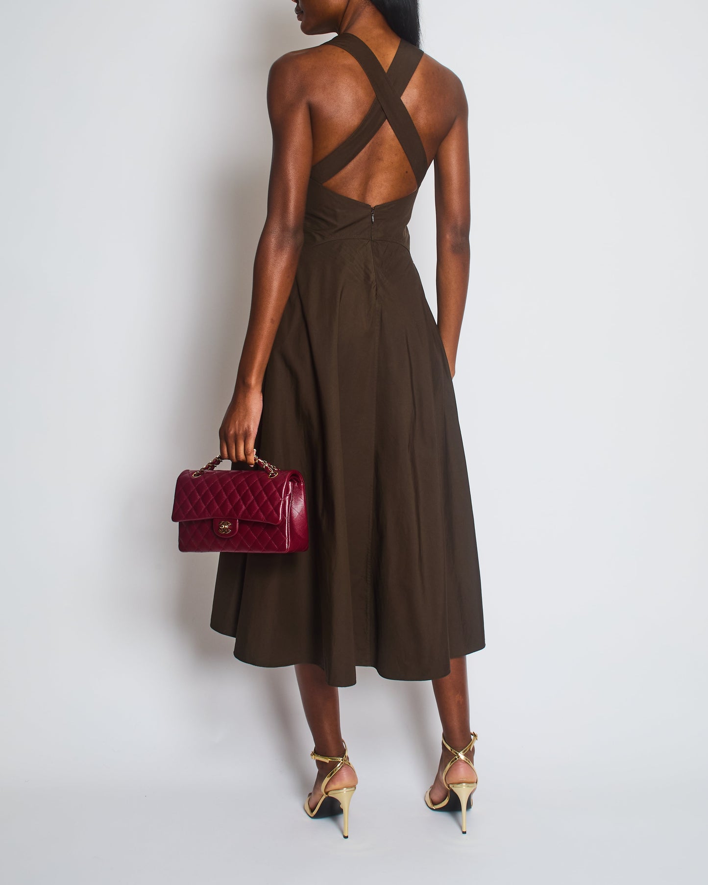 Ala•a Brown Sleeveless Midi Dress with Cross Back Straps Size FR 36 (UK 8)