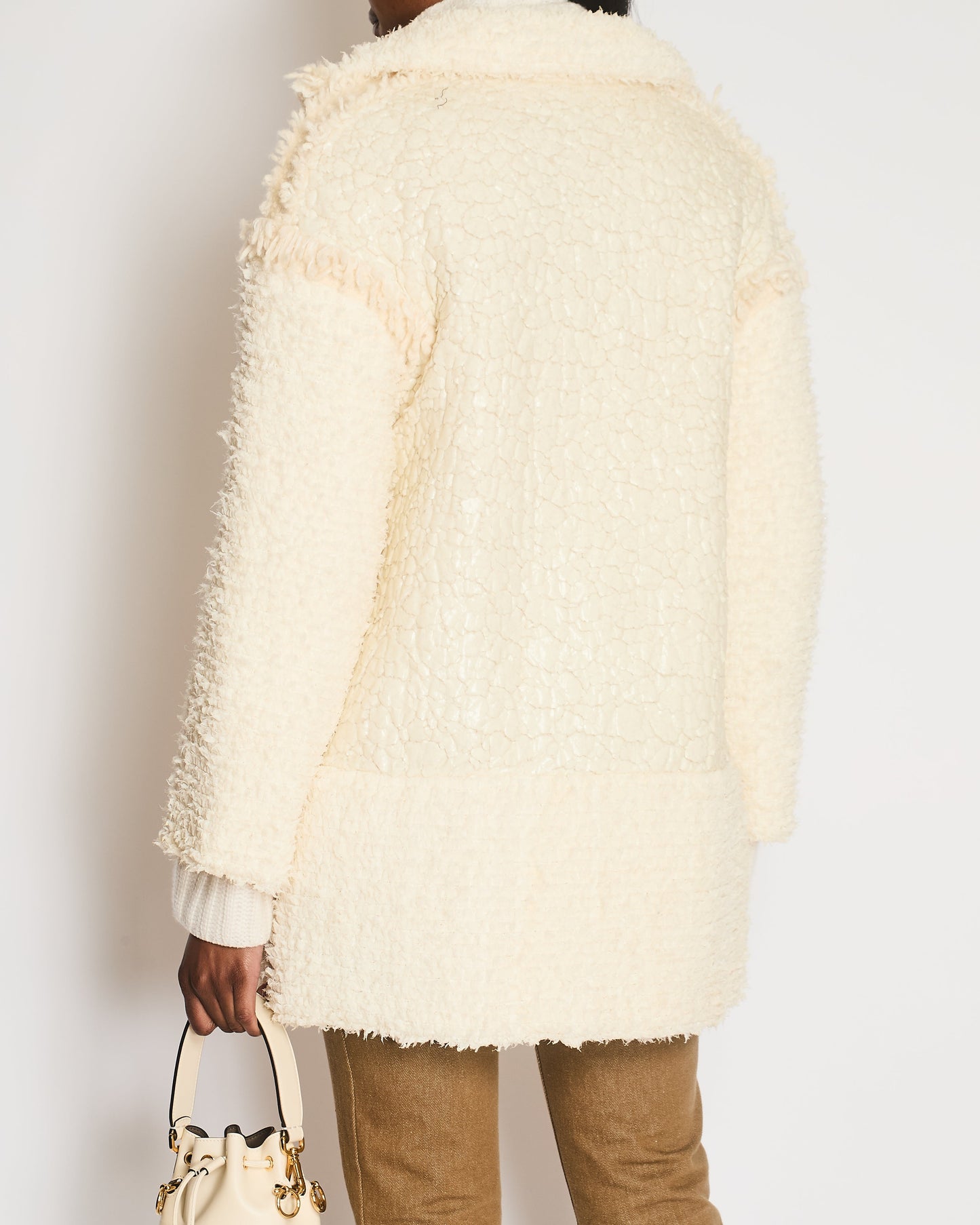 Chanel Fall 2010 White Textured Shearling Coat with Front Pockets and Silver CC Logo Zipper Detail Size FR 38 (UK 10)