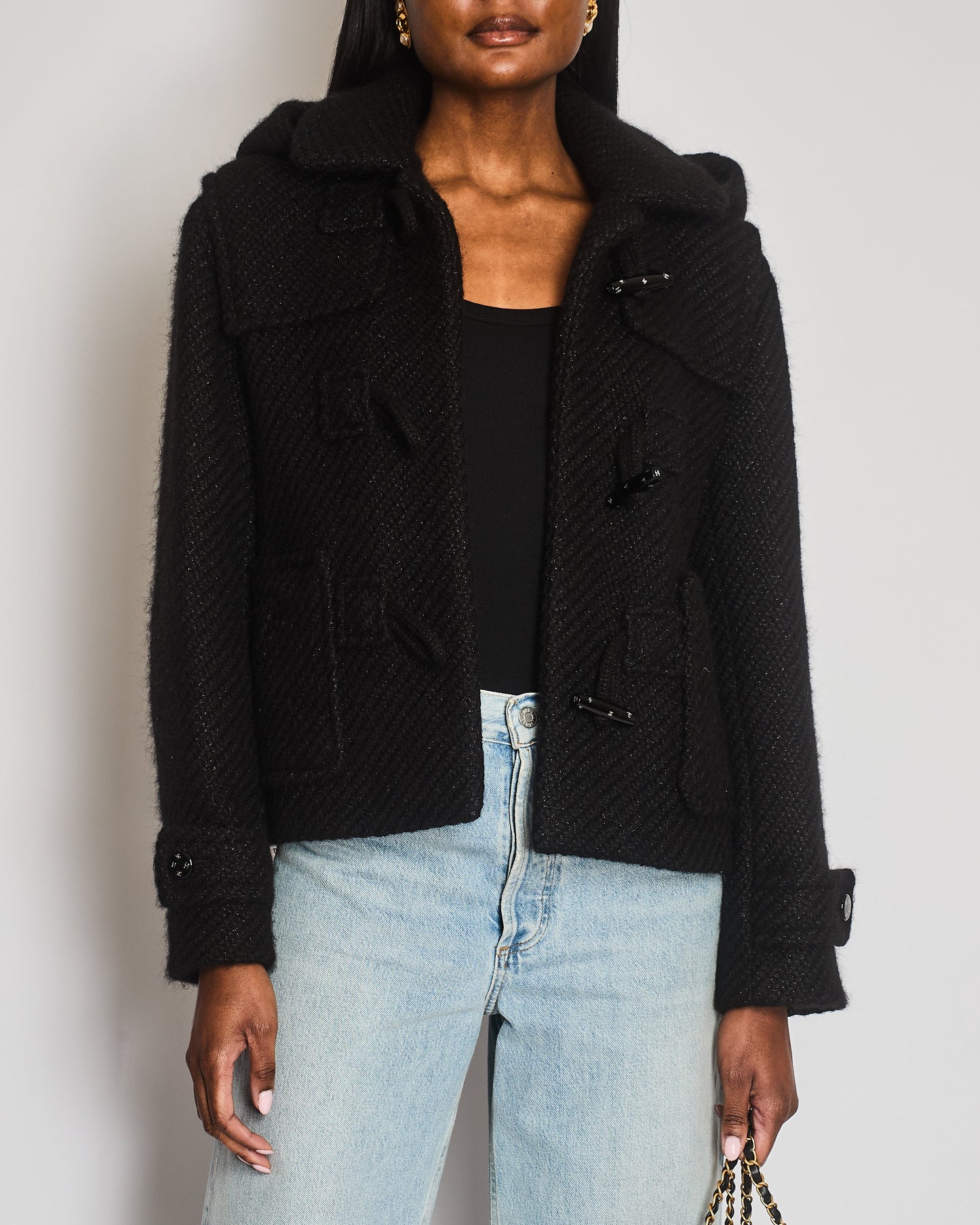 Chanel 21B Black Wool Jacket with Logo Hood and Black and Silver Metallic CC Logo Buttons Size FR 36 (UK 8)