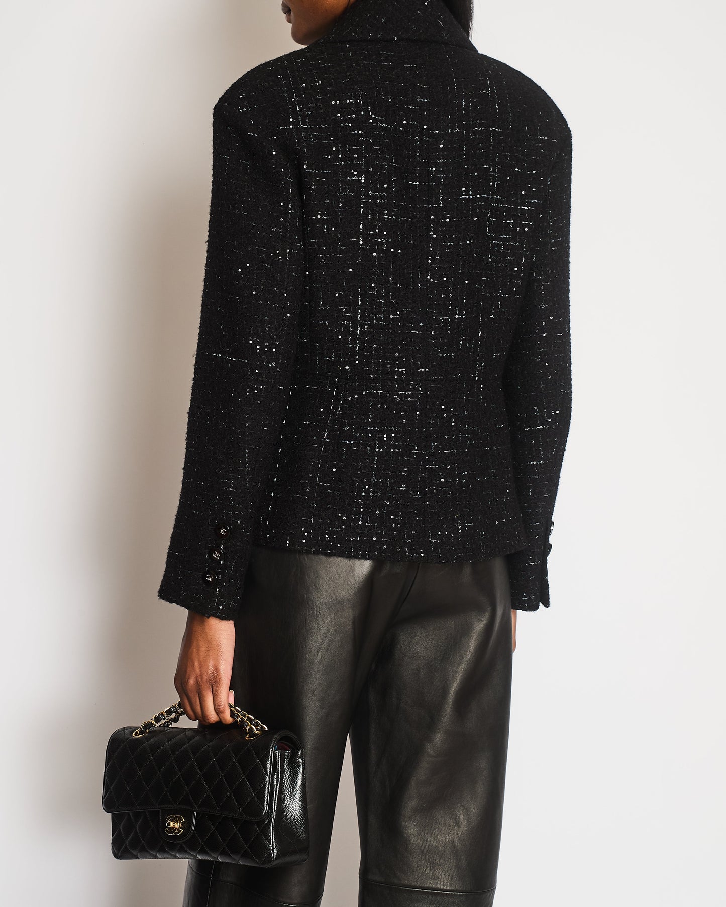 Chanel 25 Black and Grey Check Tweed Jacket with Sequins, Pockets and Crystal Logo Buttons Size FR 40 (UK 12)