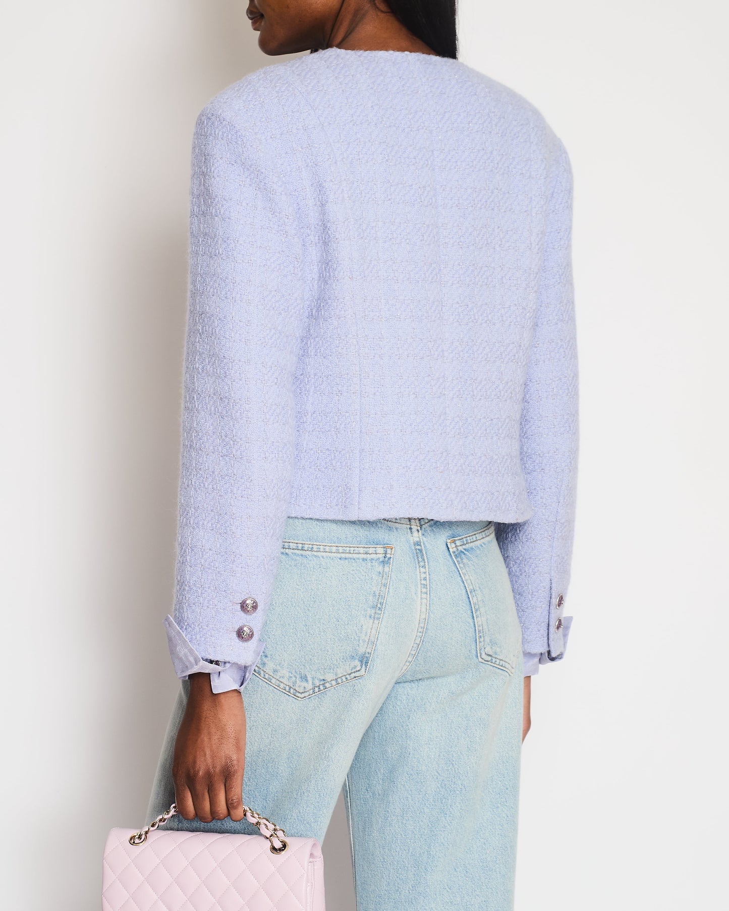 Chanel 24A Lilac Tweed Jacket with Pockets, Silk Cuff Details and Camelia Pin Size FR 40 (UK 12)