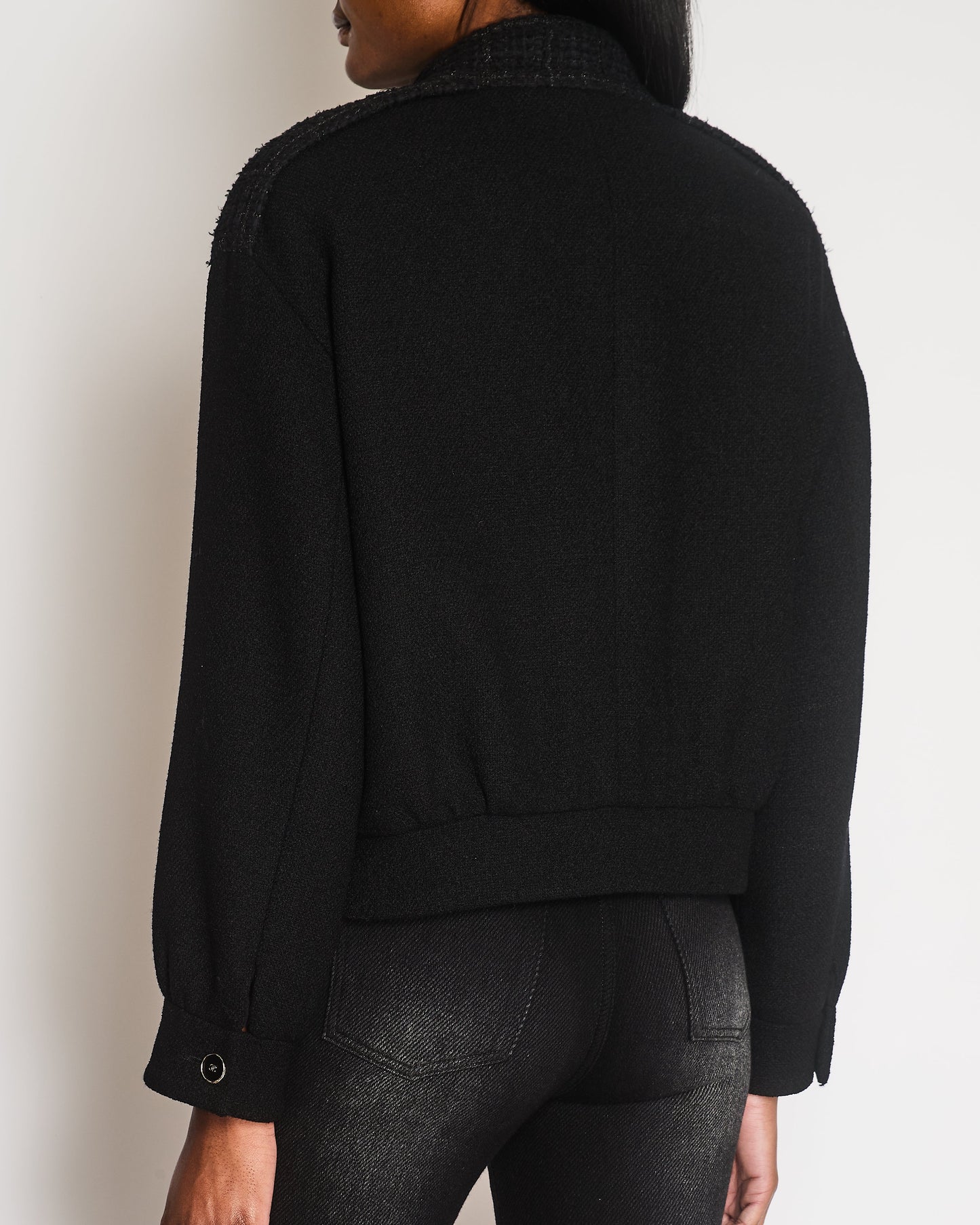 Chanel Black Wool Bomber Jacket with Tweed Details and CC Logo Buttons Detail Size FR 42 (UK 14)