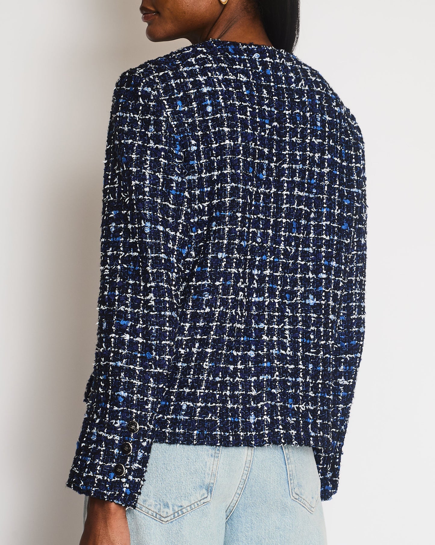 Chanel 24 Blue, Black and White Check Tweed Jacket with Pockets and Black Logo Buttons Size FR 42 (UK 14)