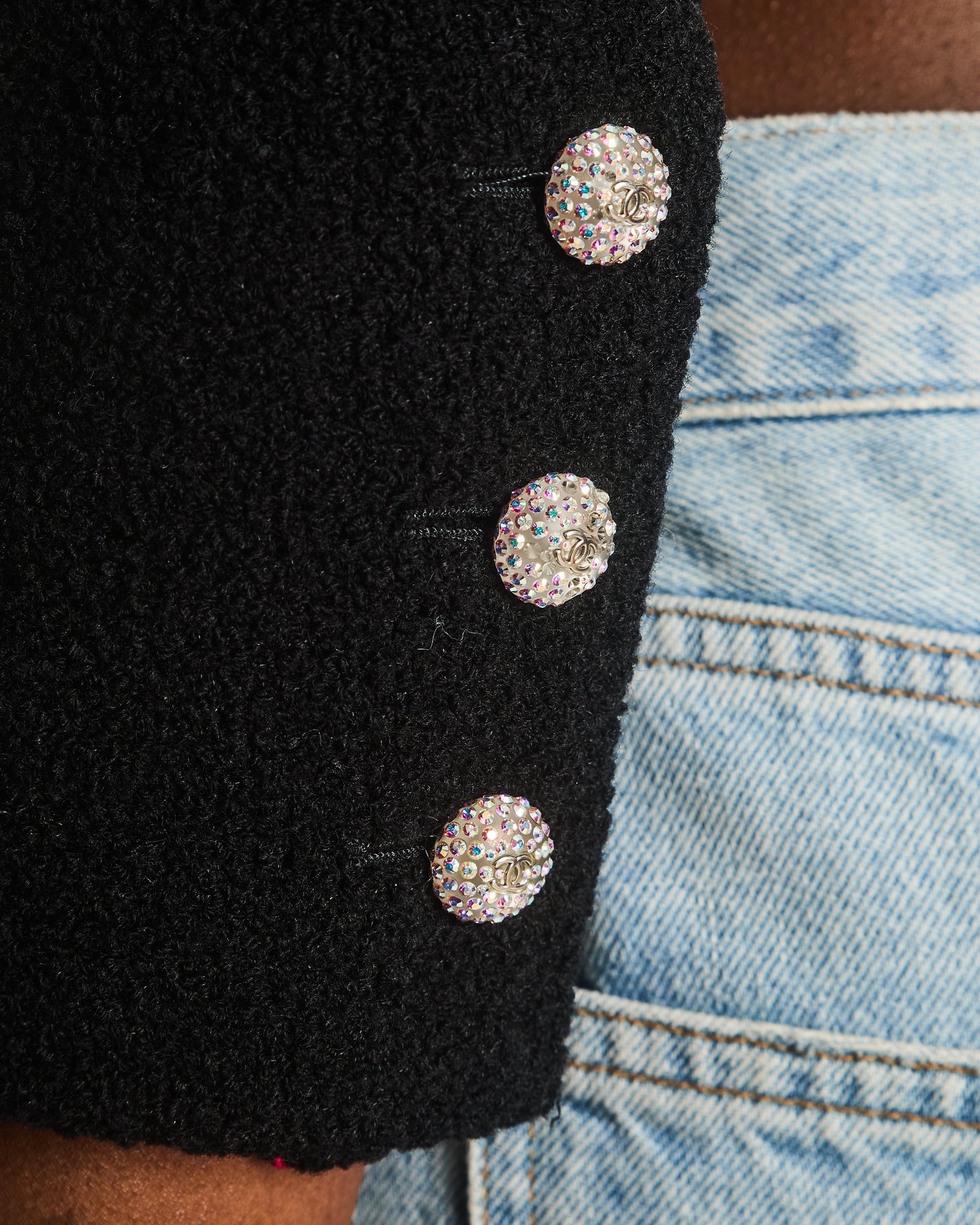 Chanel 21K Black Tweed Cropped Long Sleeve Jacket with Silver Crystal Logo Buttons and Pocket Detail Size FR 36 (UK 8)