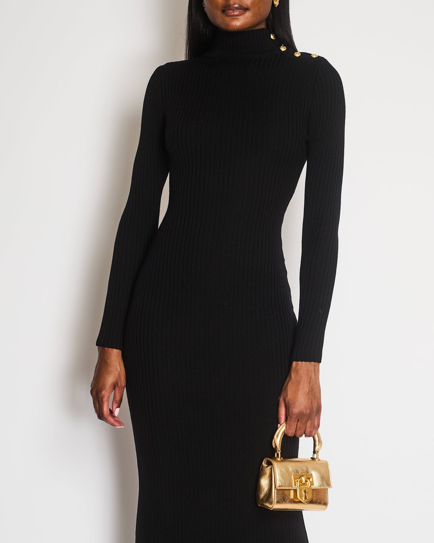 Balmain Ribbed Wool Black Highneck Longsleeve Dress with Gold Buttons Detail Size FR 38 (UK 10) RRP £2150