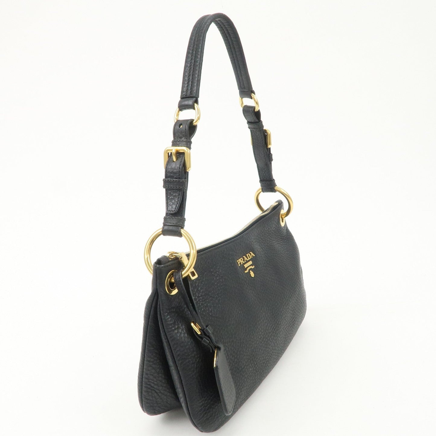 PRADA Logo Leather One-Shoulder Bag Hand Bag Black Gold Hardware d