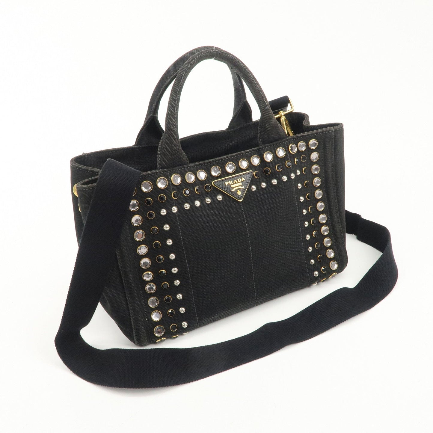 PRADA Mini Canapa Bijou Studs Canvas 2Way Bag Black B24390 d