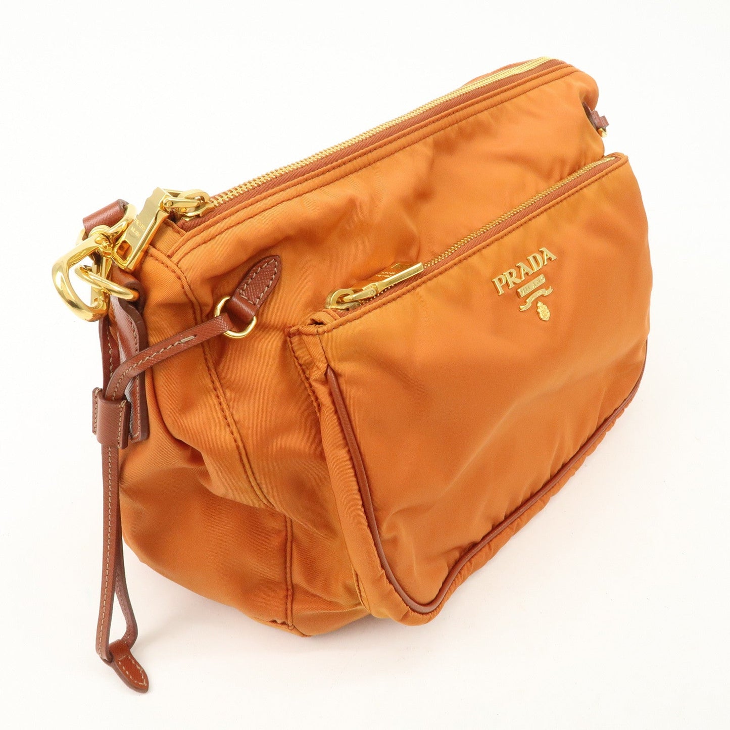 PRADA Logo Nylon Leather Shoulder Bag Gold Hardware Orange d