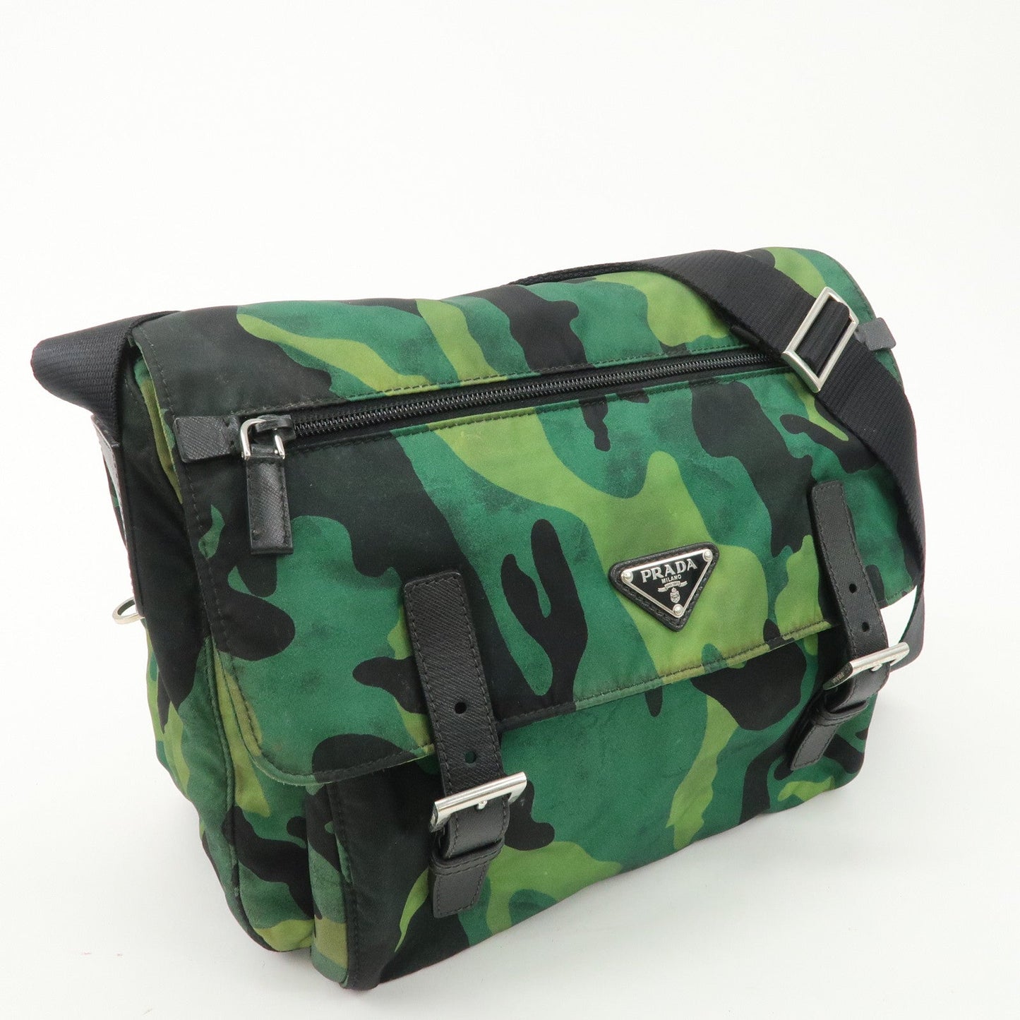 PRADA Logo Nylon Leather Camouflage Shoulder Bag Green Black d