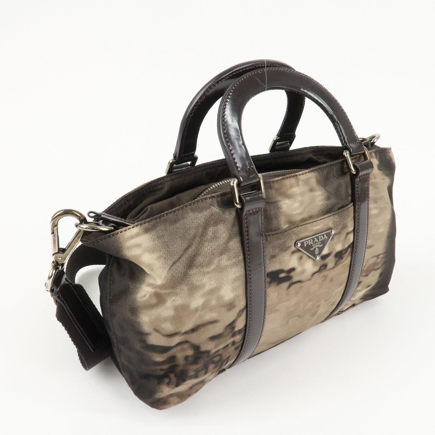 PRADA Nylon Patent Leather 2Way Bag Beige Black Dark Brown d