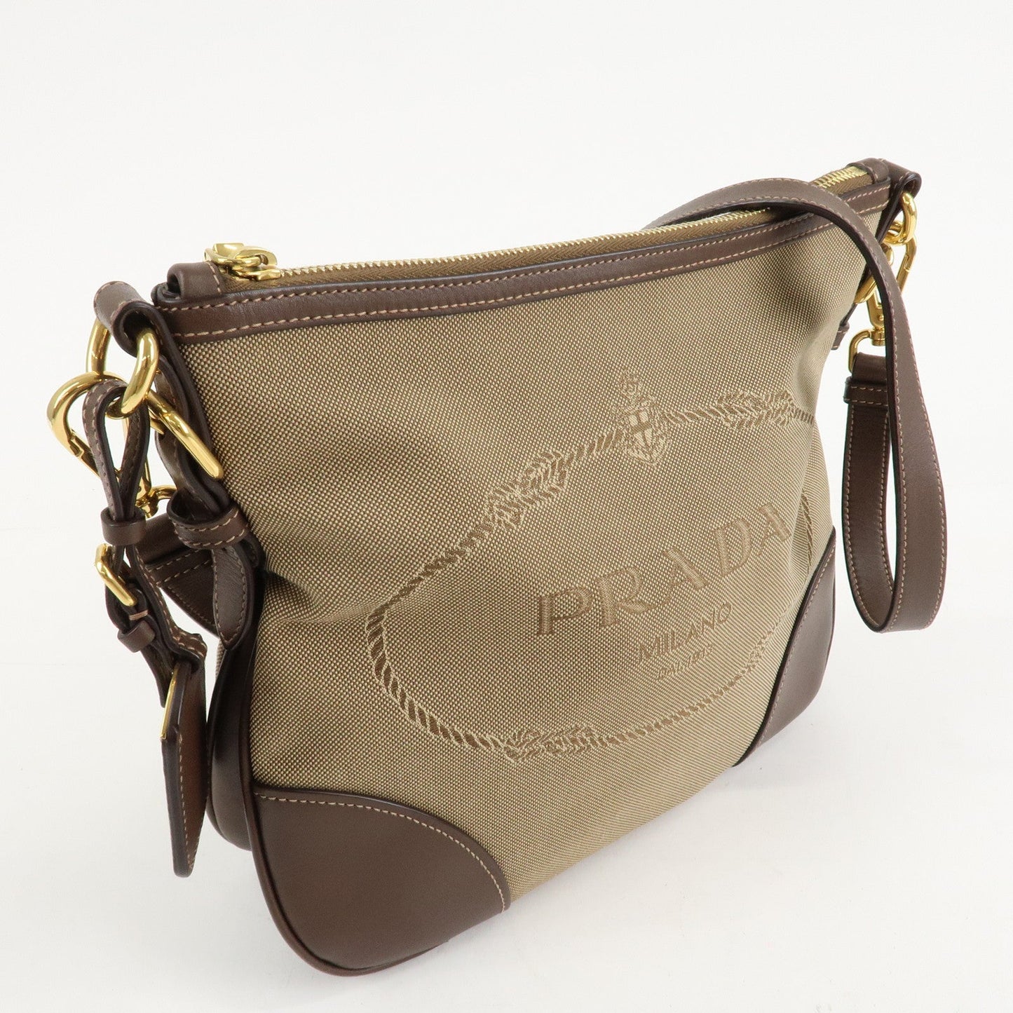 PRADA Jacquard Leather Shoulder Bag Purse Beige Brown BT867A d