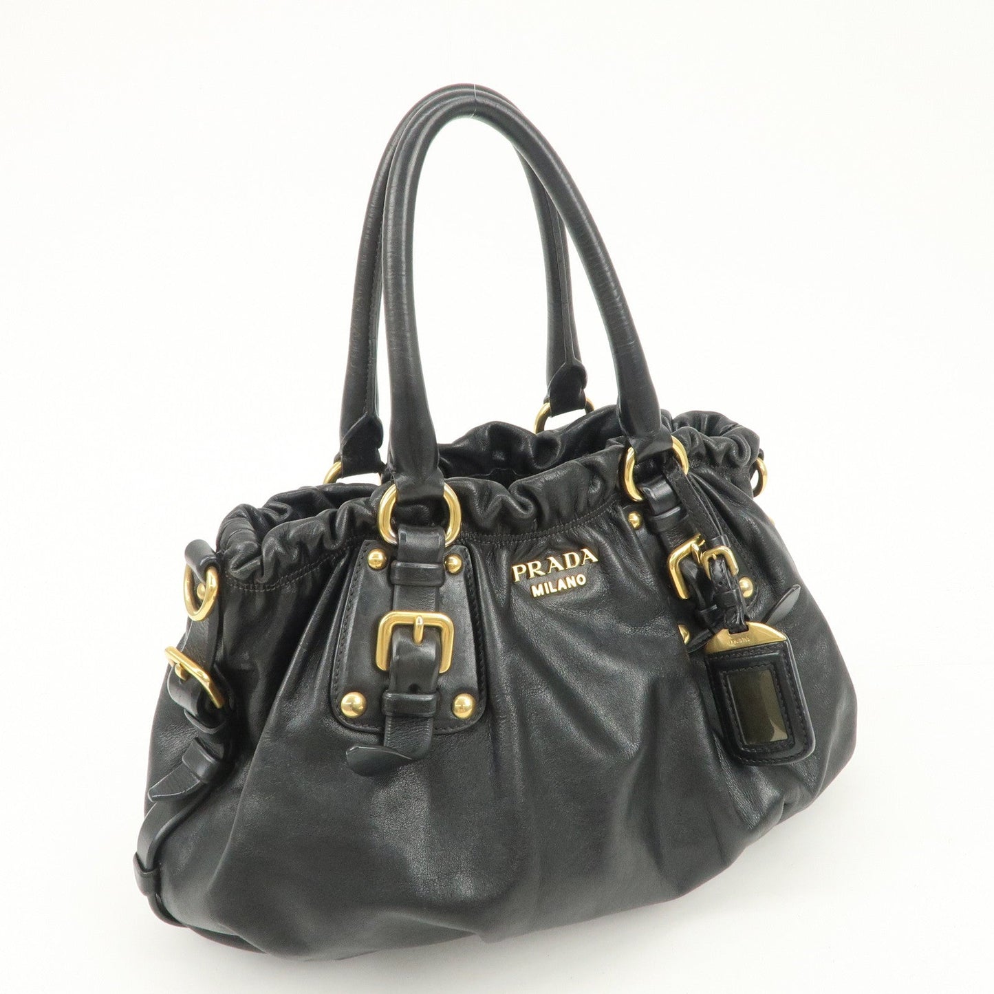 PRADA Logo Leather Gathered Hand Bag Black Gold HDW BR4259 d