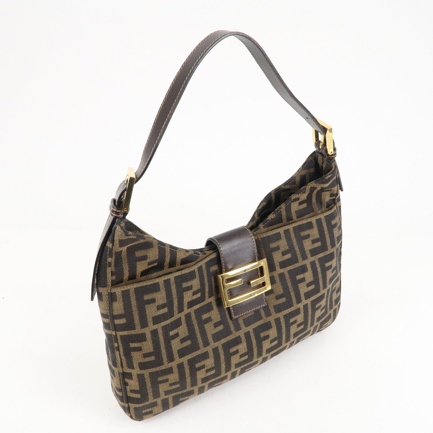 FENDI Zucca Canvas Leather Shoulder Bag Brown Black 26569