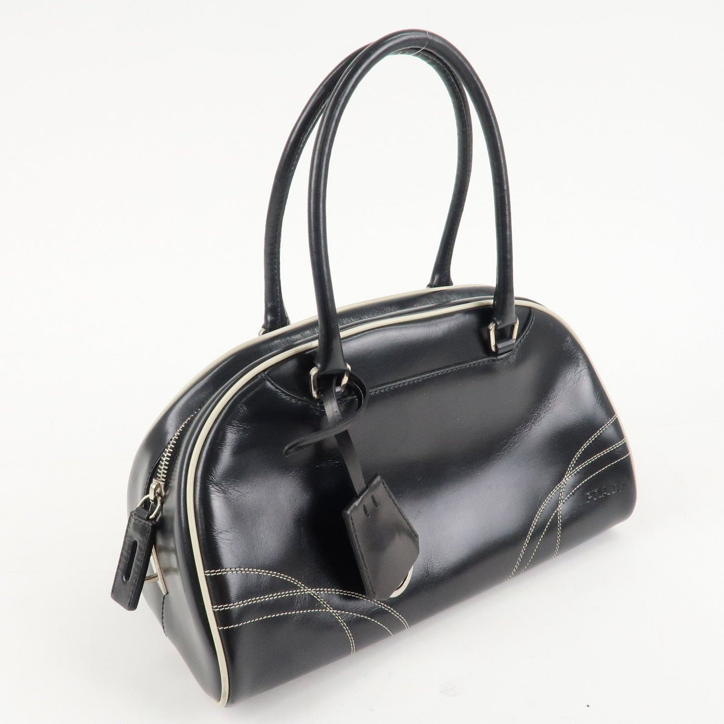 PRADA Leather Mini Boston Bag Shoulder Bag Black Silver HDW d