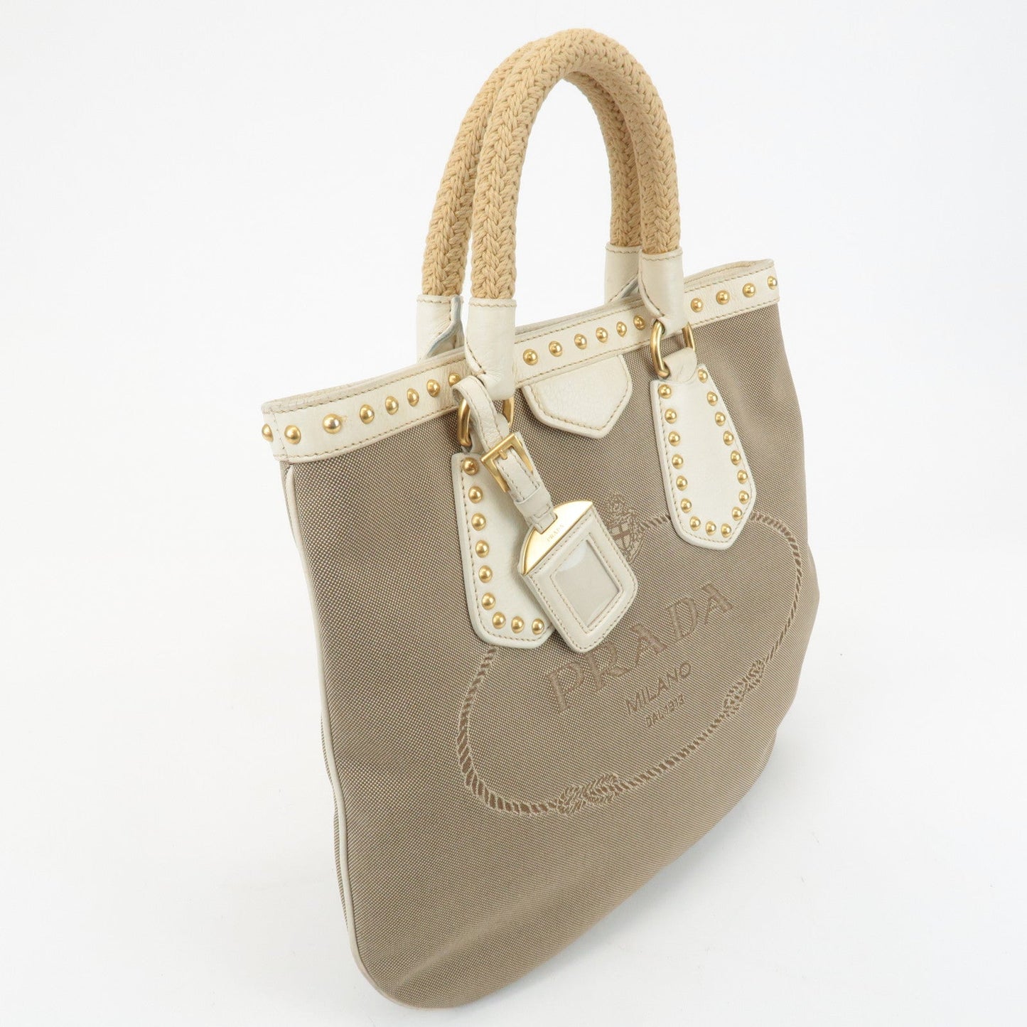 PRADA Canvas Leather 2WAY Logo Studs Hand Bag Beige BN1450 d