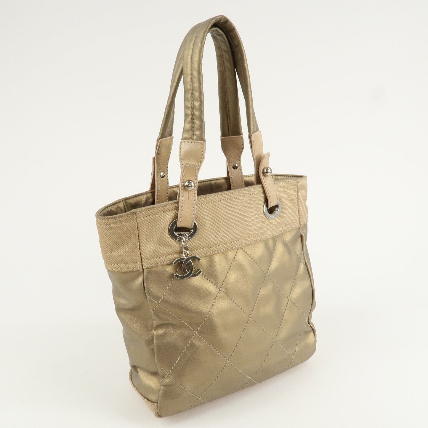 CHANEL Paris Biarritz Coating Canvas Leather Tote Bag PM Gold d