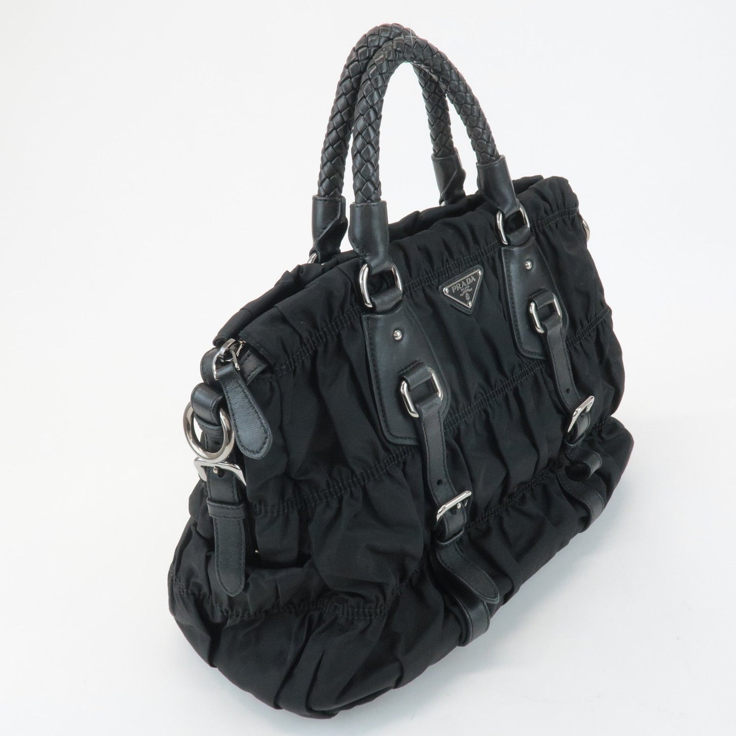 PRADA Logo Leather Gathered 2Way Hand Bag Black BN1336 d