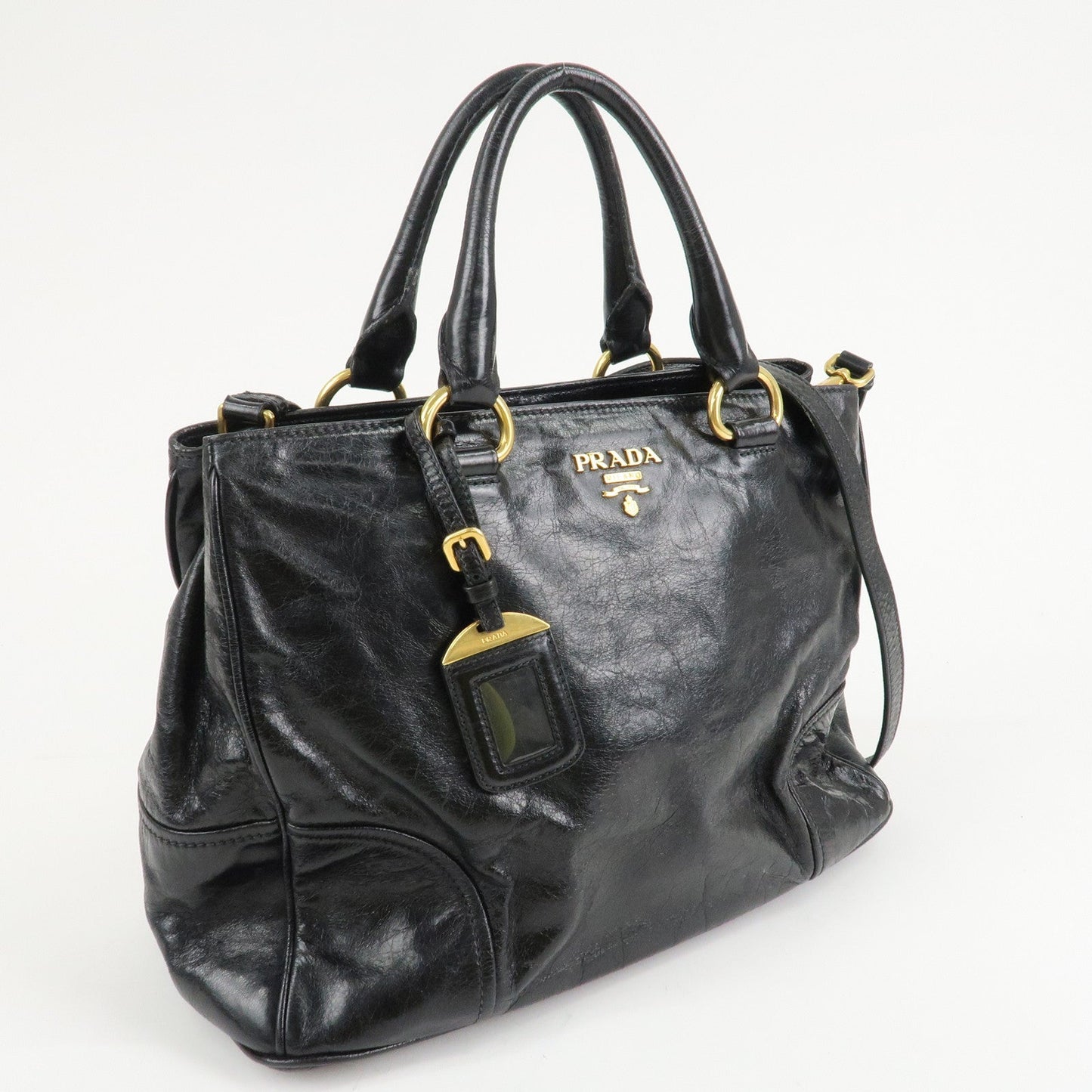 PRADA Leather 2way Bag Hand Bag Shoulder Bag Black Gold HDW d