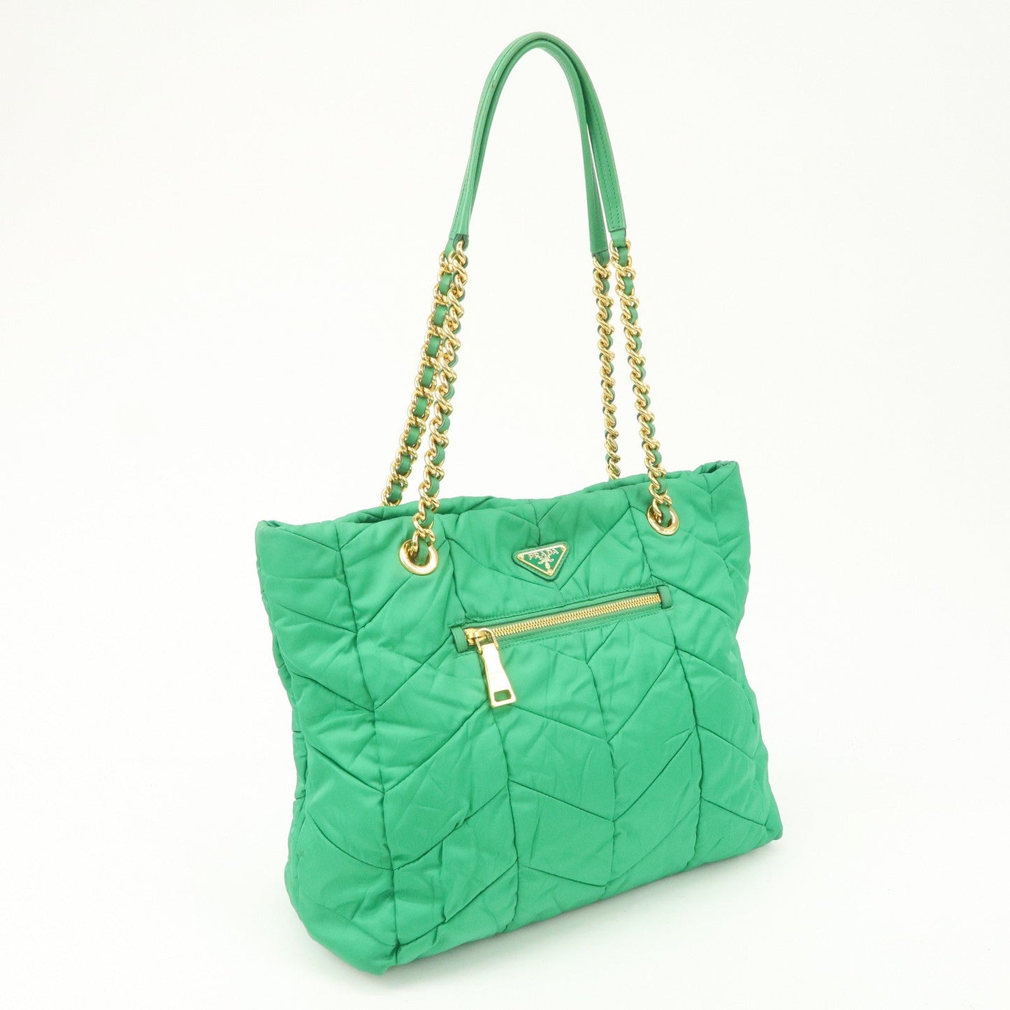PRADA Triangle Logo Nylon Leather Chain Tote Bag Green BR4383 d