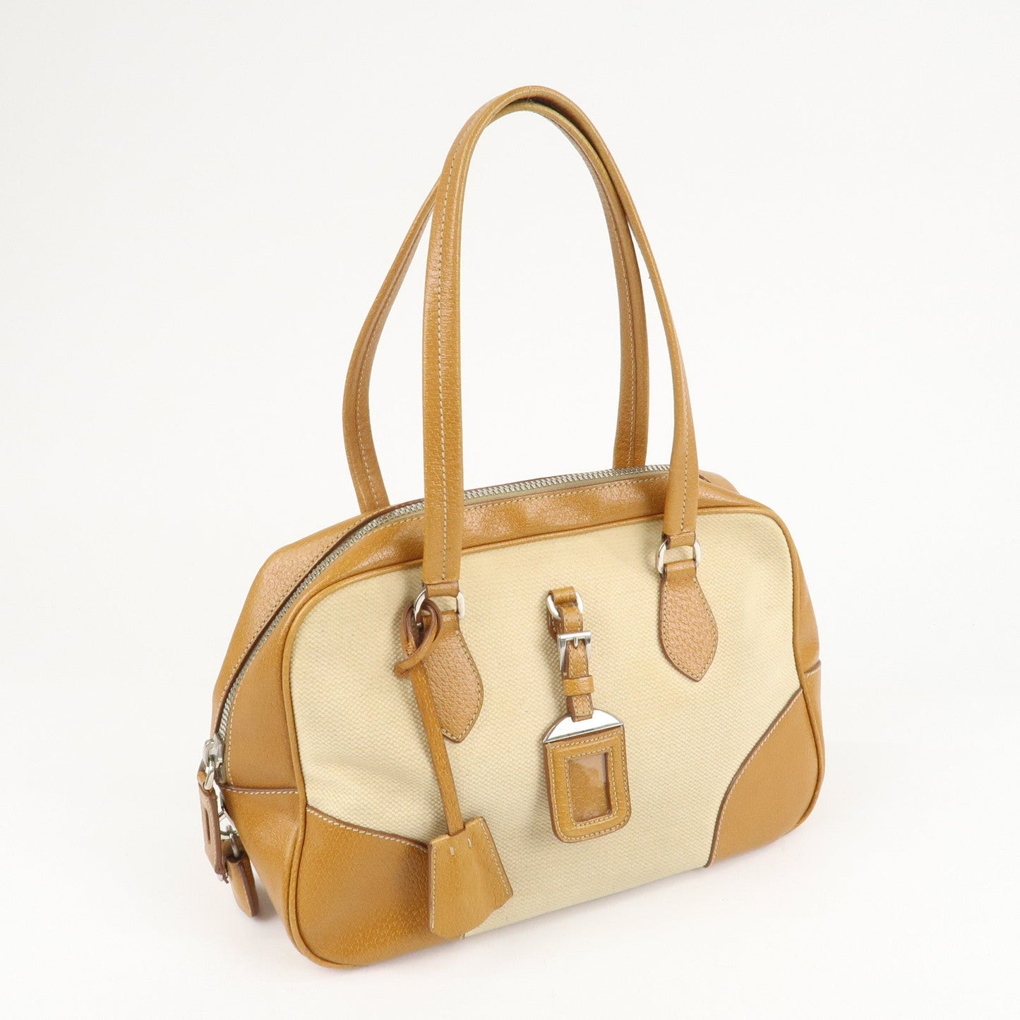 PRADA Canvas Leather Triangle Logo Boston Bag Ivory Brown d