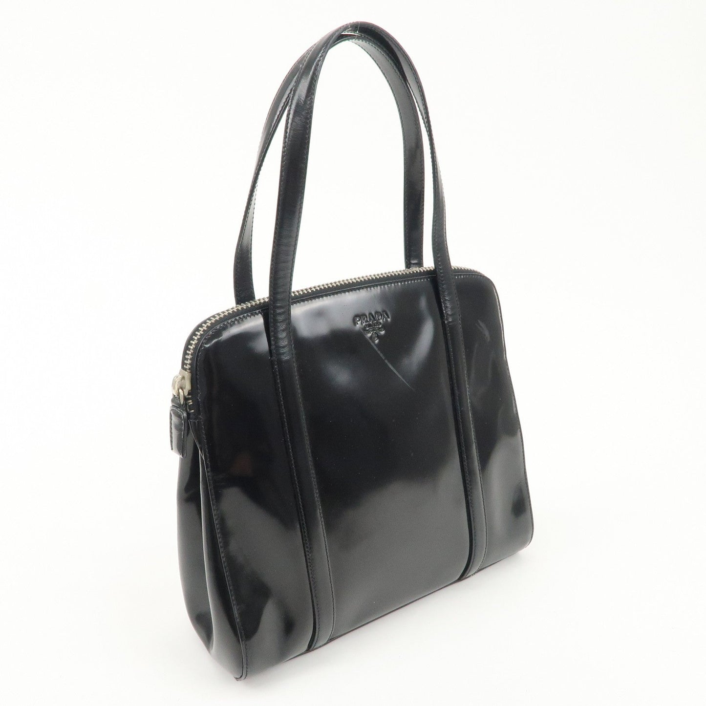 PRADA Patent Leather Tote Bag Hand Bag Black Silver HDW d