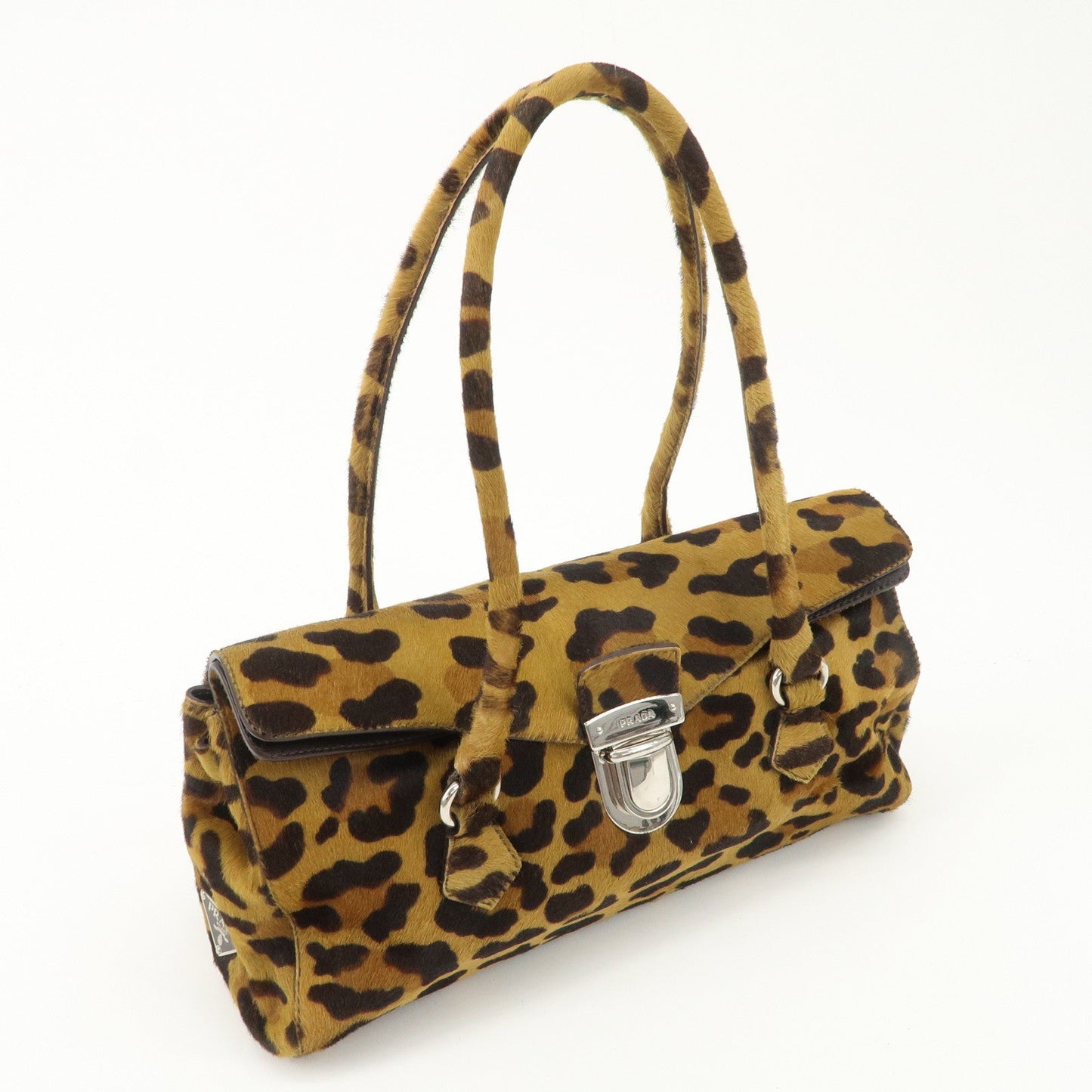 PRADA Logo Unborn Calf Leopard Shoulder Bag Hand Bag Brown d