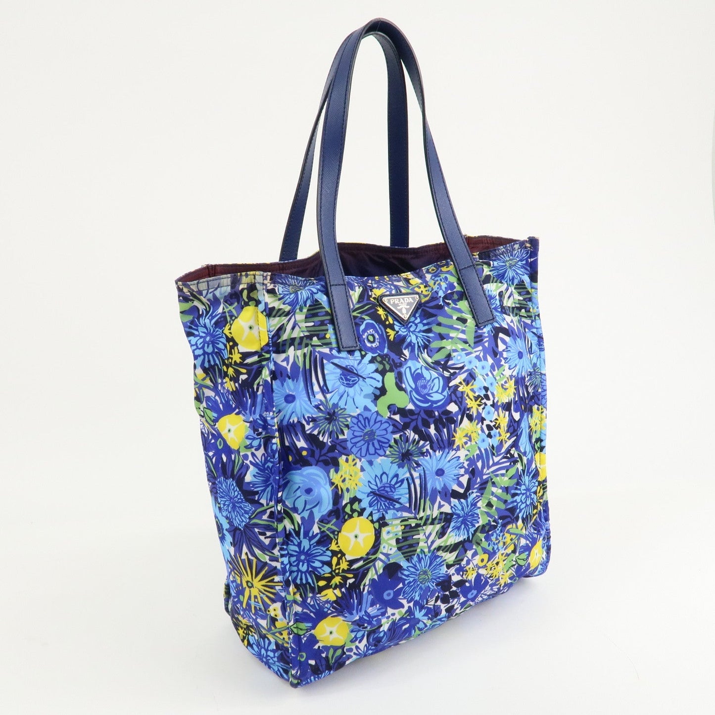 PRADA Logo Nylon Leather Tote Bag Floral Print Blue BN2851 d